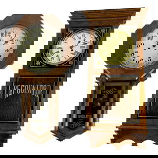 Pair of Vintage Regulator Wall Clocks - Elgin: Charming set of two vintage Regulator wall clocks. One clock is by Elgin and features a distinctive octagonal face with bold numerals and classic "Regulator" glass panel. The other is unmarked, with