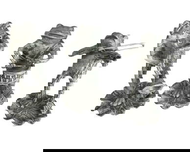 Set of 3 Metal Frog Musician Garden Sculptures: Whimsical trio of metal frog musician sculptures, each standing on a textured lily pad base. The set includes a frog playing a trumpet, one on drums, and another with a violin, all finished in a