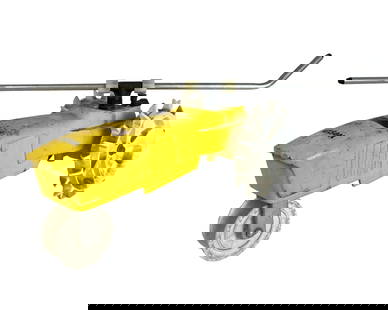 Vintage Nelson Cast Iron Tractor Lawn Sprinkler: Classic yellow Nelson cast iron traveling lawn sprinkler with durable white spoked wheels and original metal spray arms. Measures approximately 20" long. A nostalgic and functional piece of garden