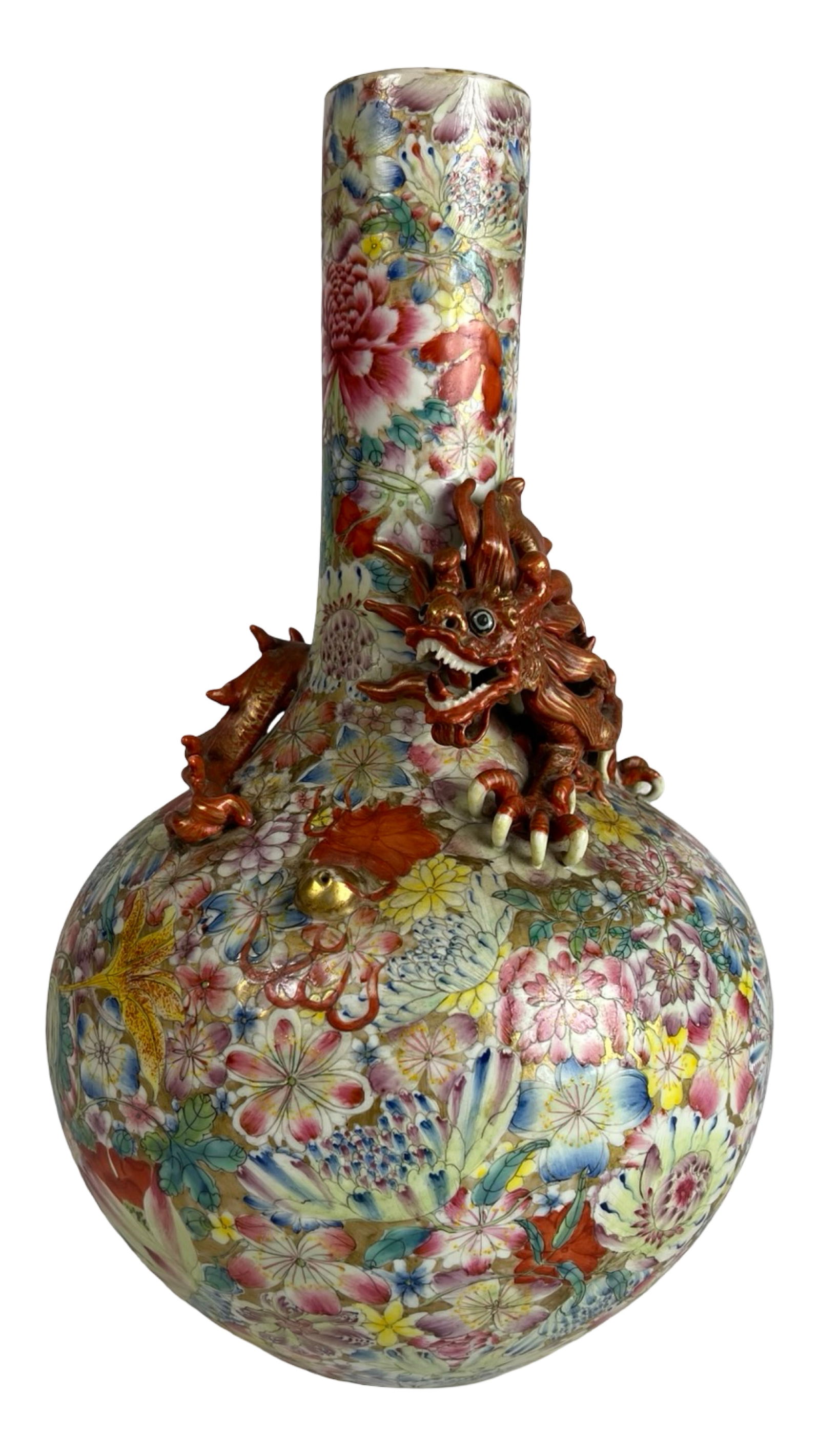Antique Chinese Millefleurs Bottle Vase w/ Dragon (1 of 11)