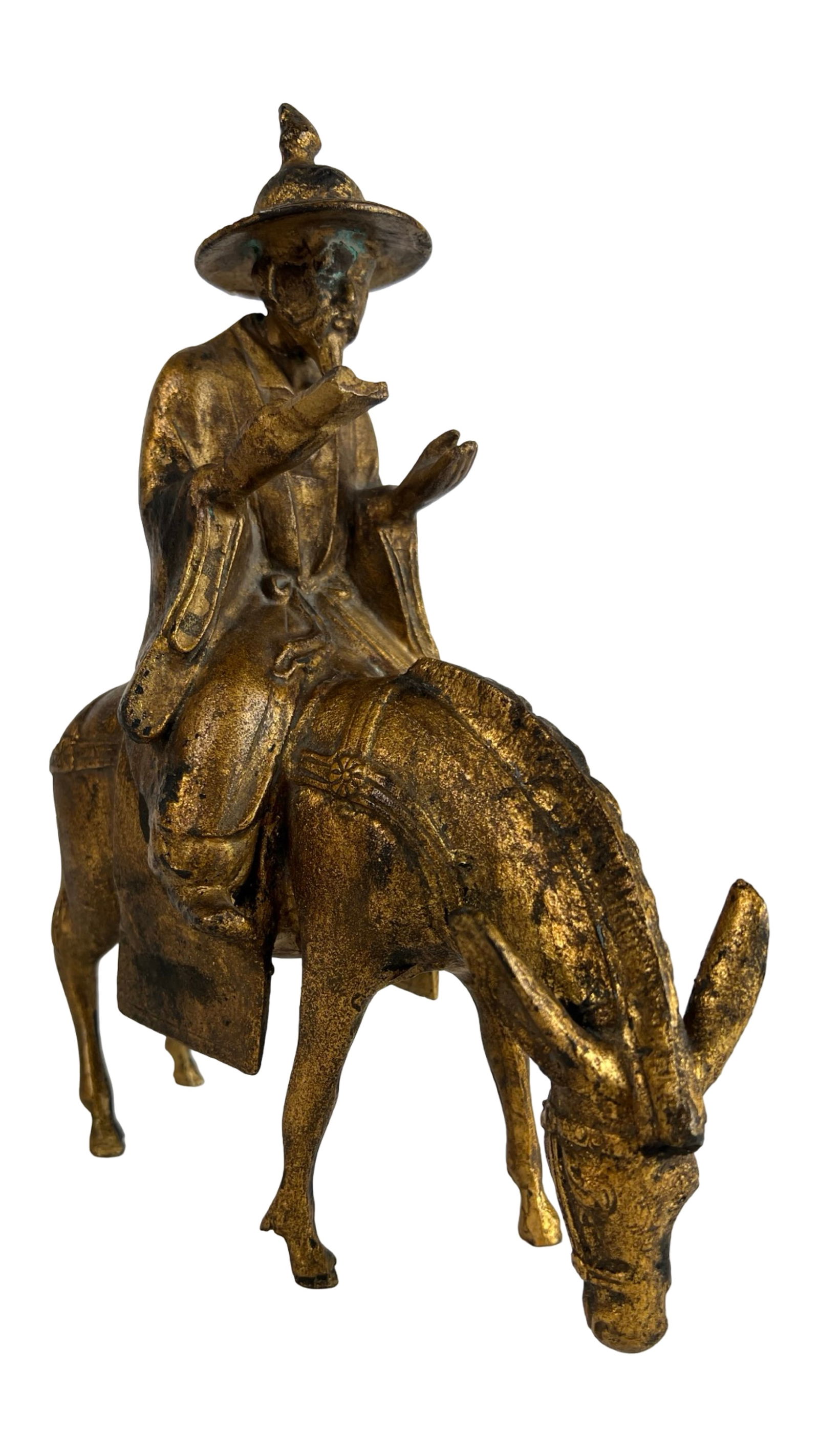 Chinese Gilt Bronze Sculpture of Scholar on Donkey: Finely cast and richly patinated gilt bronze sculpture depicting a traditional Chinese scholar in flowing robes and wide-brimmed hat, seated atop a donkey with lowered head. The figure gestures with o