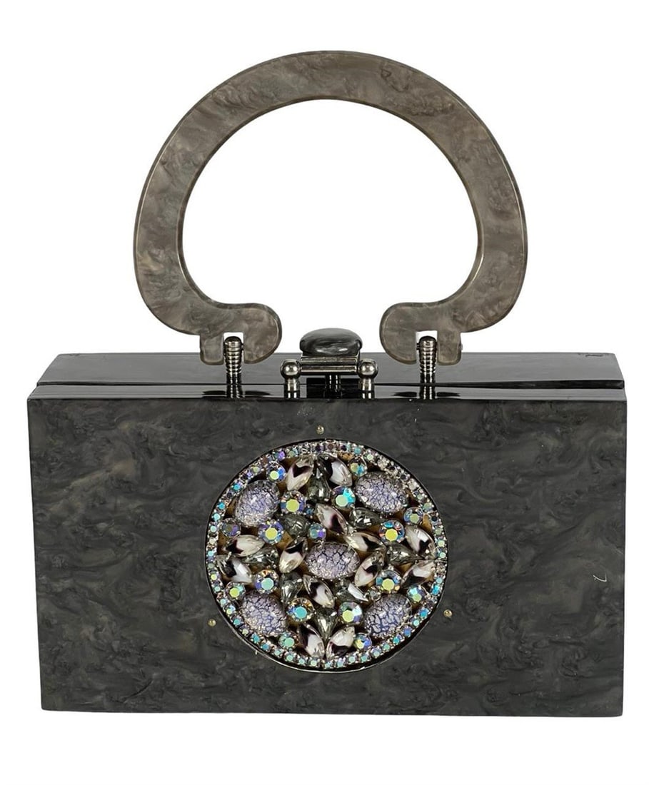 Unique Rialto Handbag w/ Rhinestone Medallion: An exceptional vintage Rialto grey marbled plastic handbag, beautifully accented with a circular rhinestone and aurora borealis medallion. The sculptural handle and hinged closure enhance its striking