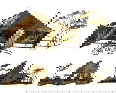 Rustic Americana Vintage Brass Wall Art Sculptures: Charming collection of three vintage hand-hammered wall sculptures, each crafted from patinated brass and mixed metals to depict nostalgic rural Americana scenes in layered relief. The largest piece,