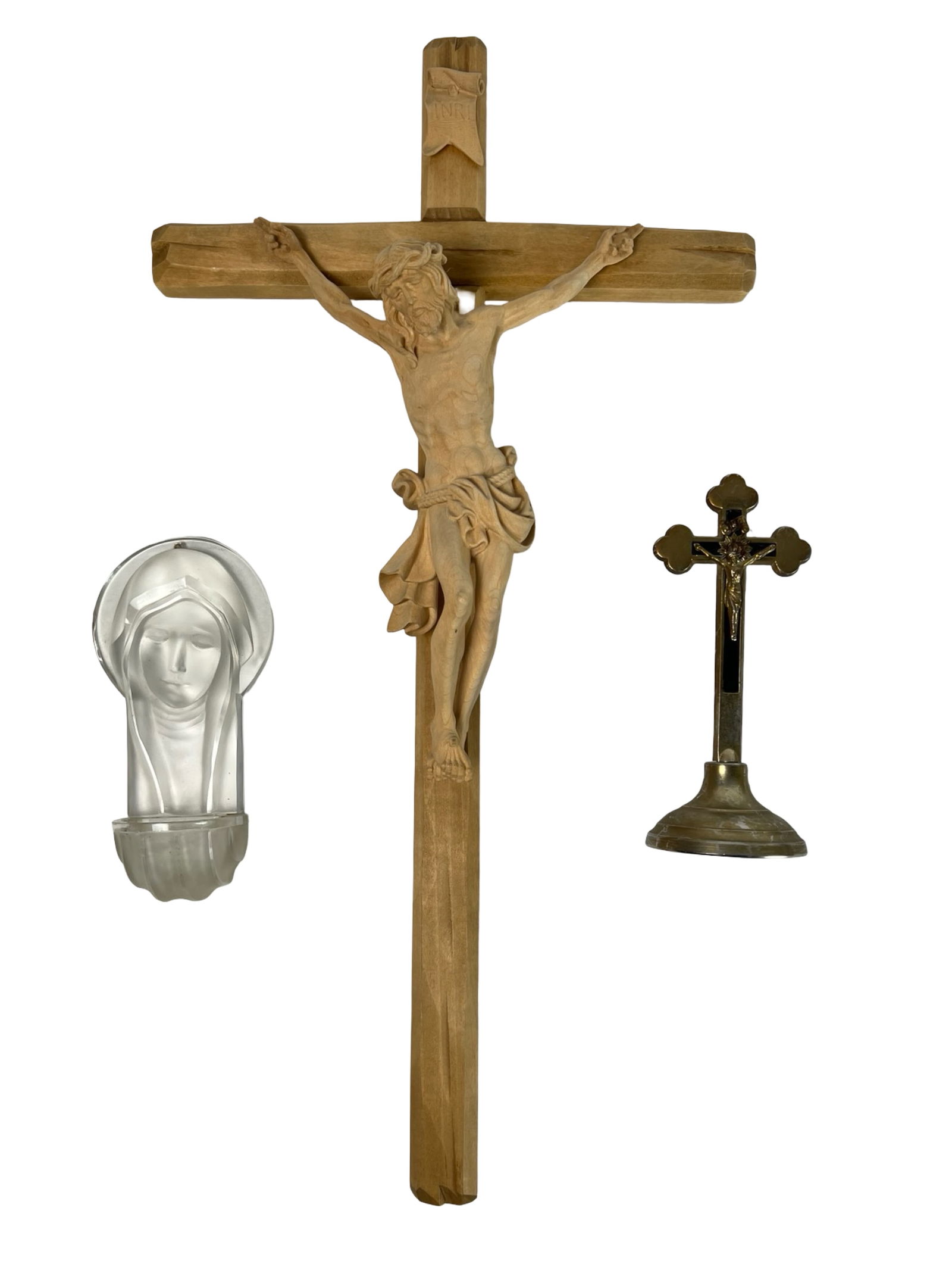 Large Carved Wood Crucifix, Art Glass Madonna, Alt (1 of 7)