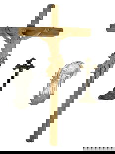 Large Carved Wood Crucifix, Art Glass Madonna, Alt: This devotional trio includes a striking hand-carved wood crucifix featuring a finely detailed figure of Christ on a 22" x 11 1/2" cross. Accompanying the crucifix is a beautiful frosted glass