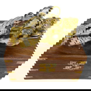 Brass Naval Sextant by Kelvin & Hughes London: Striking and detailed replica of a vintage maritime sextant crafted in brass and marked "Kelvin & Hughes London 1917." This beautifully machined navigational instrument features precision-engraved