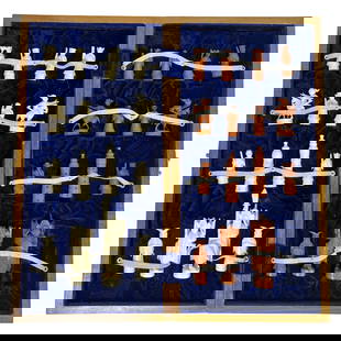 Chinese Warrior-Themed Carved Chess Set: Intricately carved chess set featuring an elaborate Chinese warrior motif, with two full armies in contrasting light and dark tones. Each piece is finely detailed, from the mounted knights to the