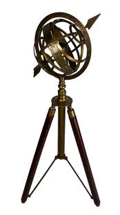Decorative Brass Armillary Sphere with Zodiac Band: Elegant decorative armillary sphere featuring interlocking brass rings, a central orb, and arrow-form axis, set atop a tripod with rich brown leather-covered legs and brass fittings. The outer ring