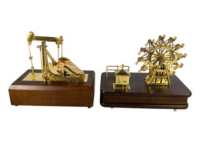 Sankyo Brass Oil Pump Music Box & Ferris Wheel Mus: Exceptional Sankyo brass oil pump music box mounted on a polished wood base, finely crafted with precise mechanical movement and rich tone-an impressive collectible from the renowned Japanese maker