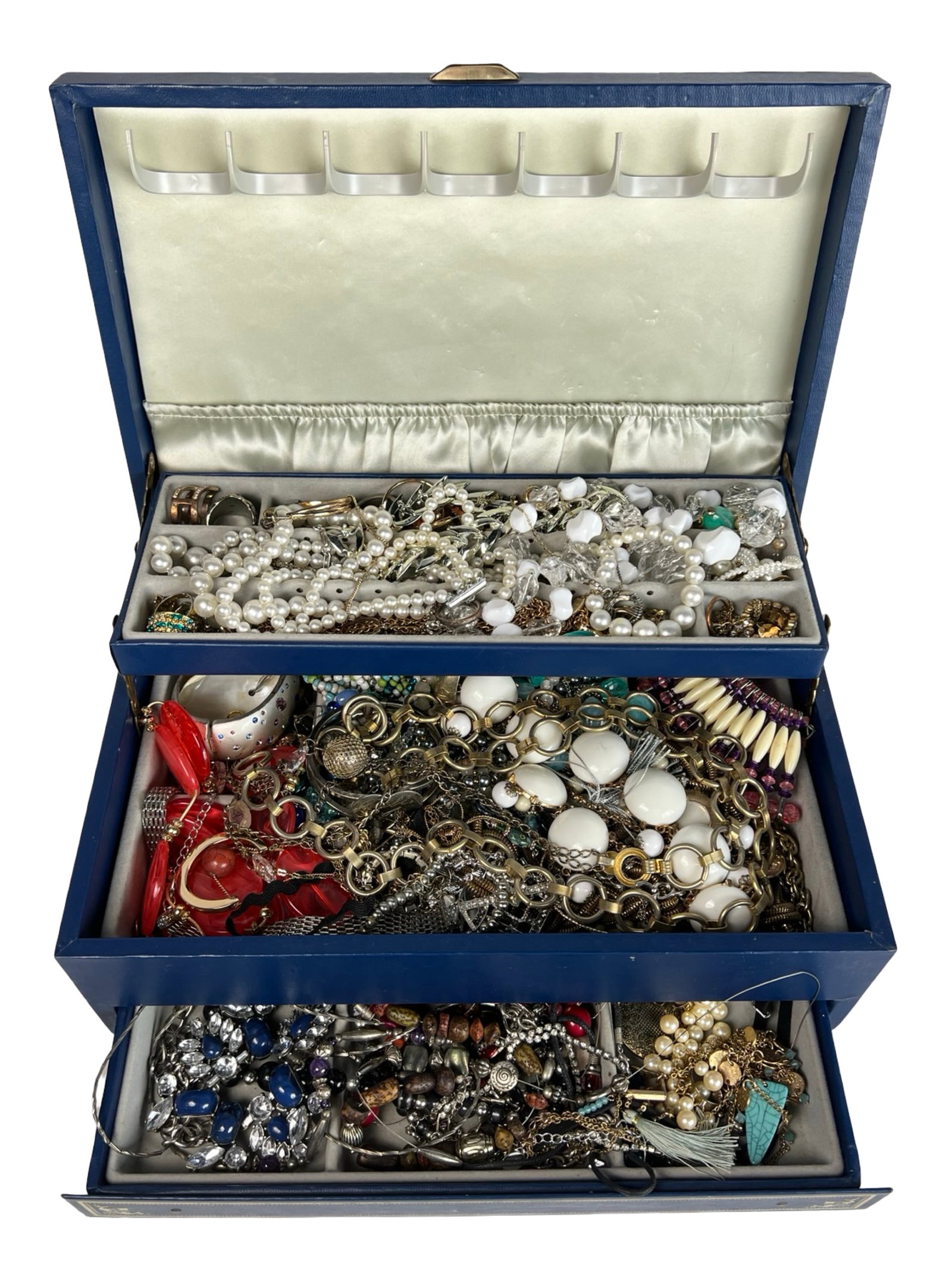 Vintage Jewelry Box Full of Unsearched Treasures: Unlock the lid of this vintage jewelry box and discover a trove of unsearched treasures waiting to be explored. The box overflows with an eclectic assortment of costume jewelry including necklaces, br