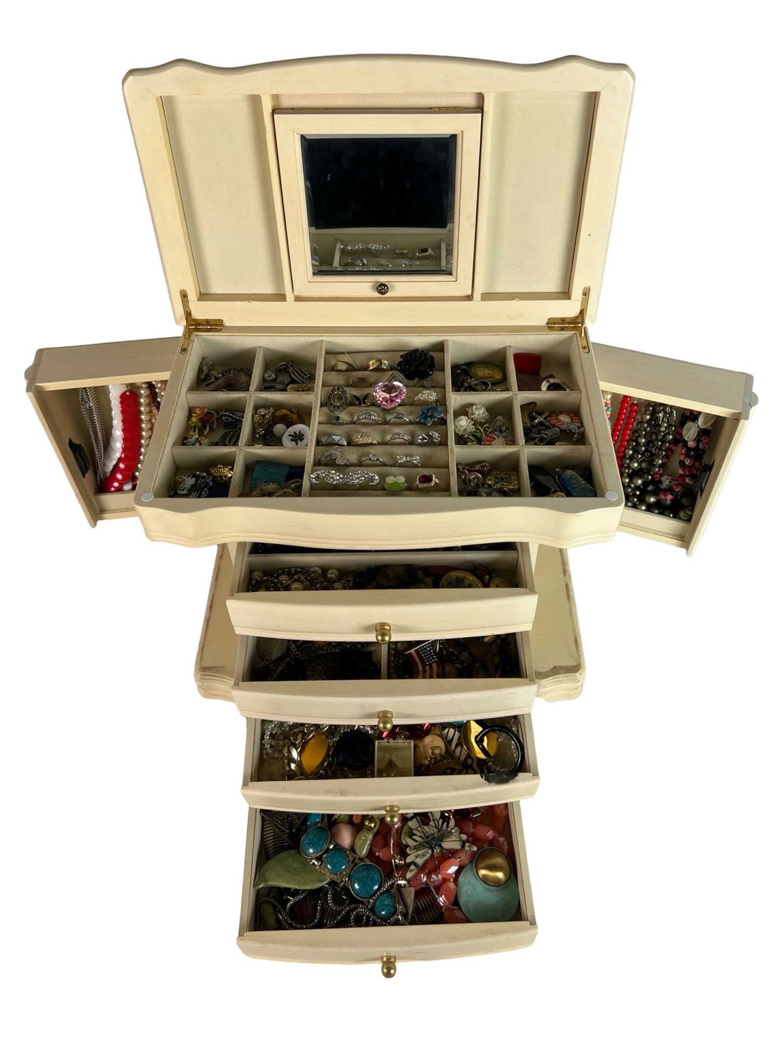 Large Jewelry Box Full of Unsearched Vintage Jewel: Discover a treasure trove within a large jewelry box brimming with unsearched vintage jewelry. Each piece holds the allure of bygone eras, featuring an assortment of necklaces, bracelets, rings, and e