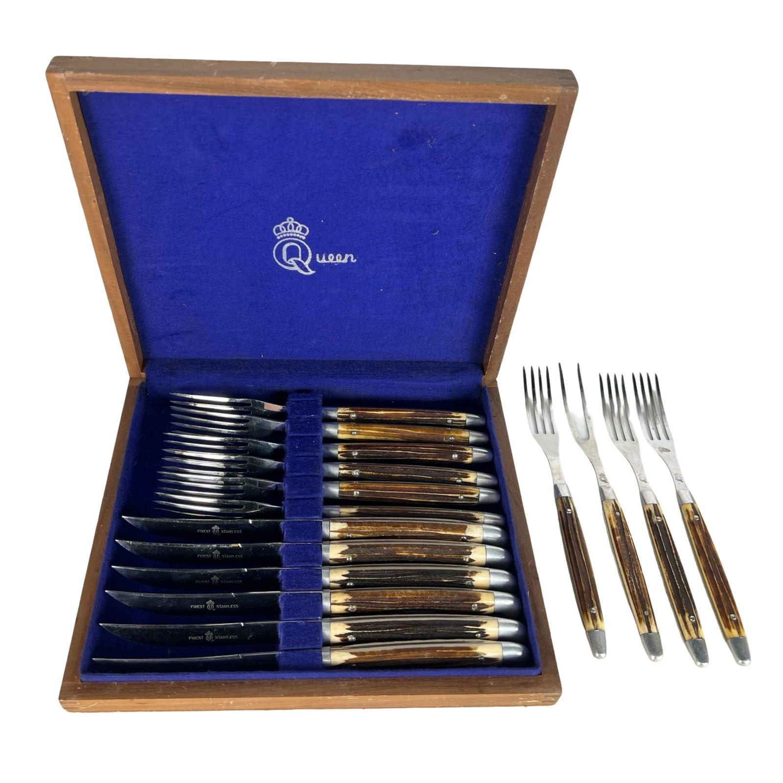 Vintage Queen Cutlery Stag Handle Steak Knives Set (1 of 3)