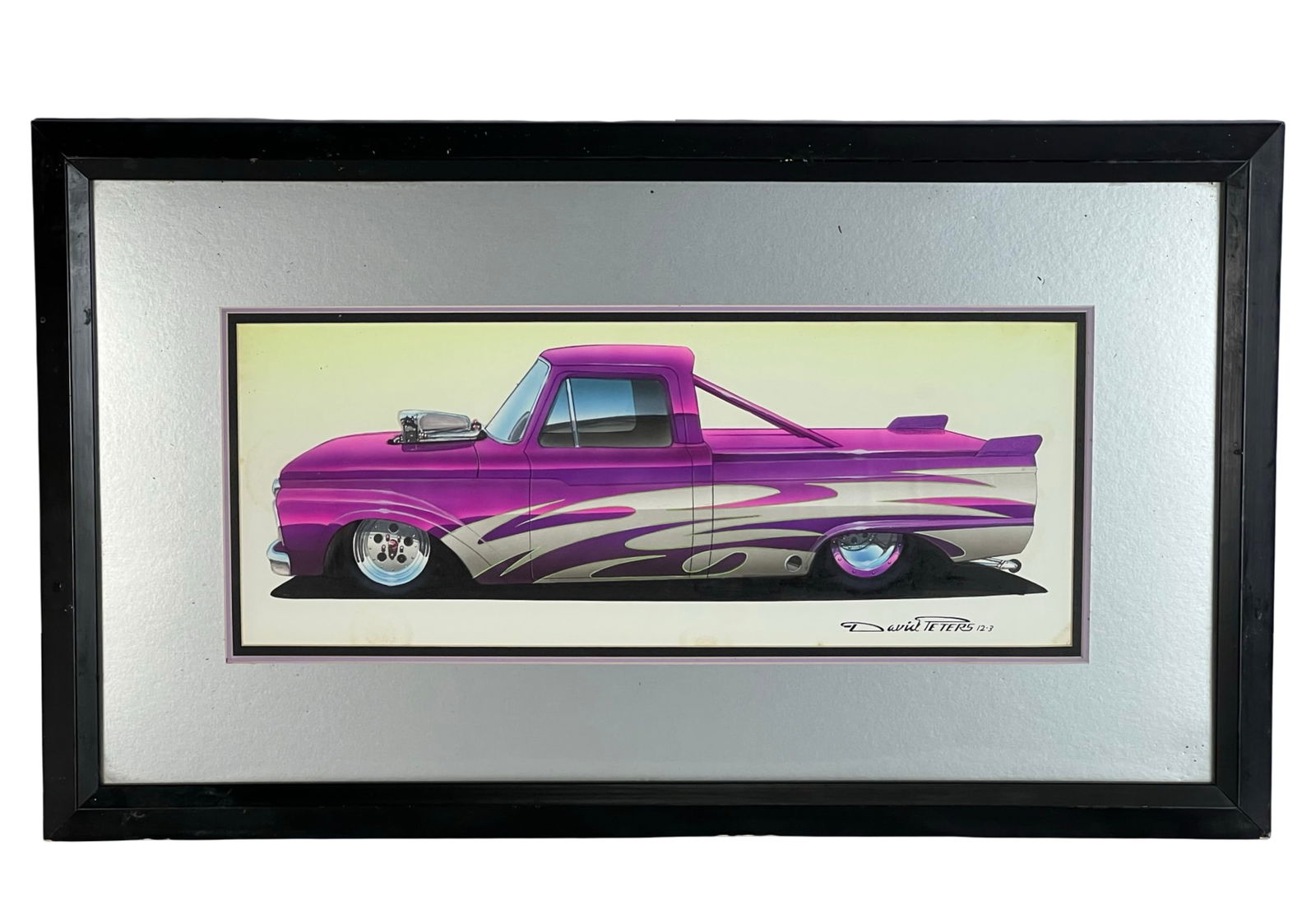 David J. Teters Signed Concept Truck Art: Vibrant and stylized concept art of a custom lowrider truck rendered in bold purple tones with silver flame detailing. The sleek design is a testament to futuristic vehicle styling, captured in a mixe