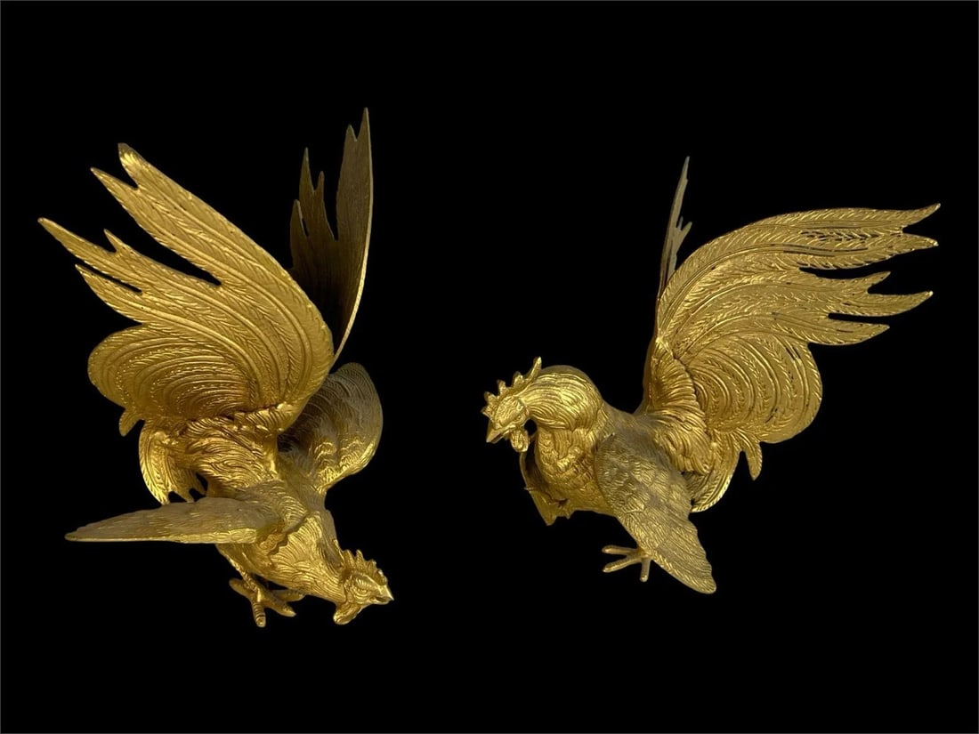 Gold Gilded Brass Fighting Rooster Sculptures (1 of 5)