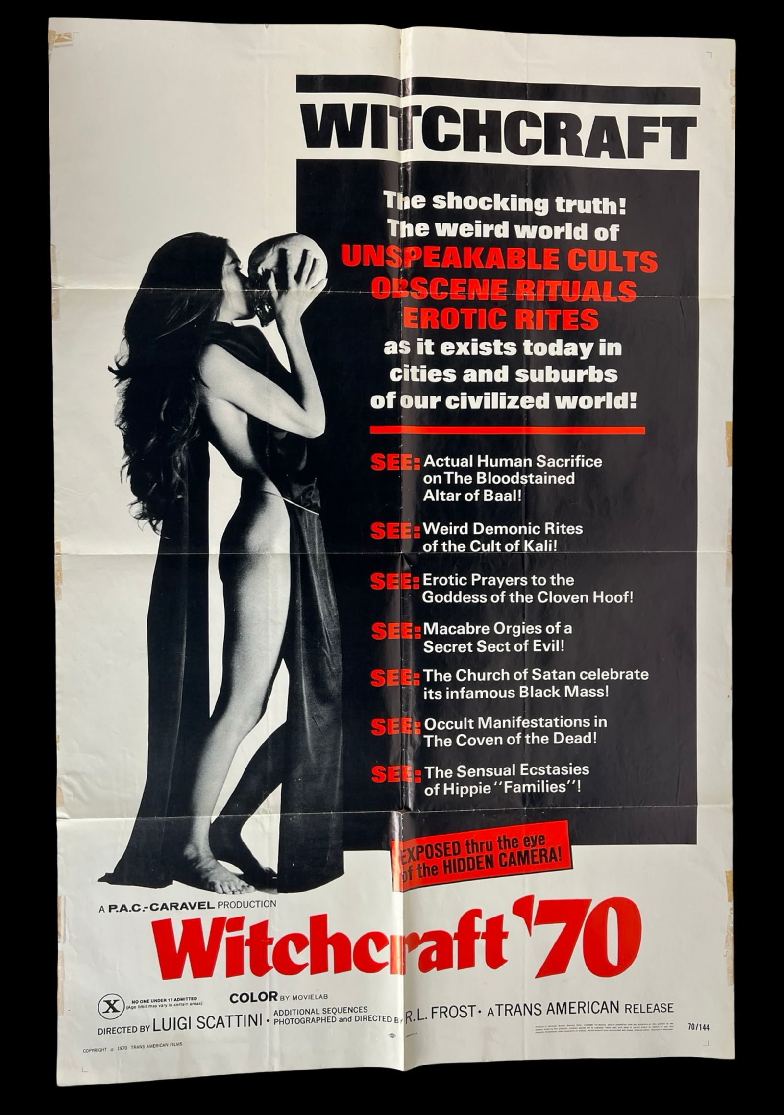"Witchcraft '70" 1970 Occult Movie Poster: Authentic folded one sheet poster for the sensational 1970 exploitation documentary Witchcraft '70, directed by Luigi Scattini and R.L. Frost. This cult classic dives into the alleged underworld of oc