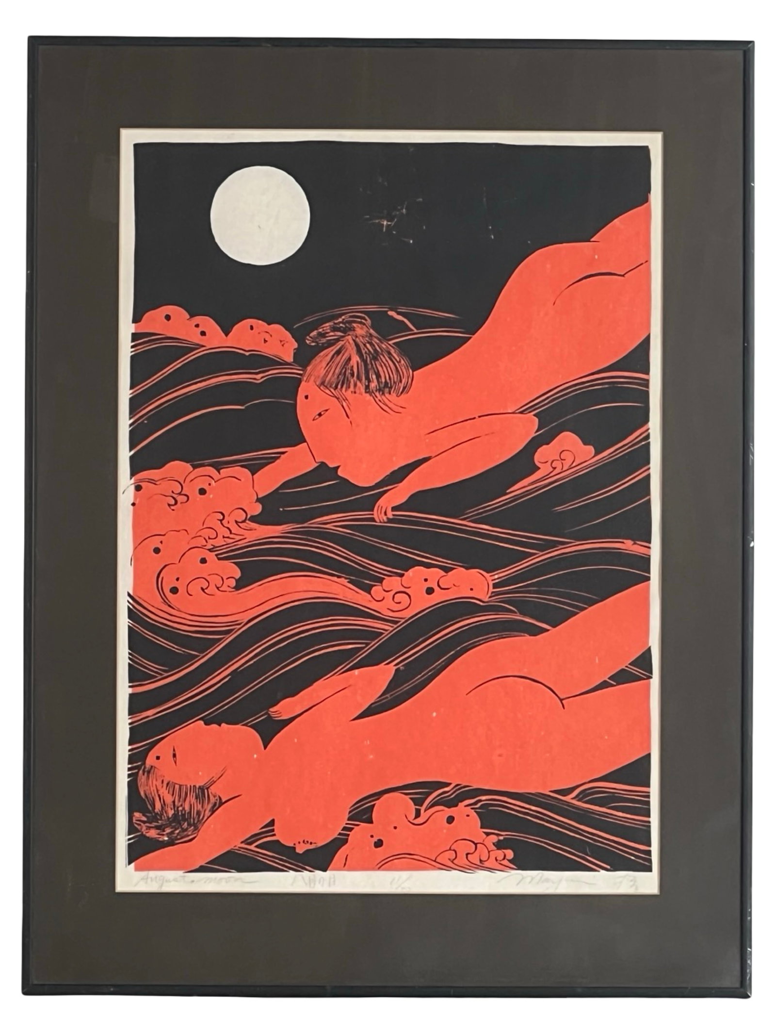 Mayumi Oda Signed LE Woodblock Print "August Moon": Striking limited edition woodblock print by acclaimed Japanese-American artist Mayumi Oda, titled August Moon. This captivating composition features two red-toned nude female figures swimming beneath