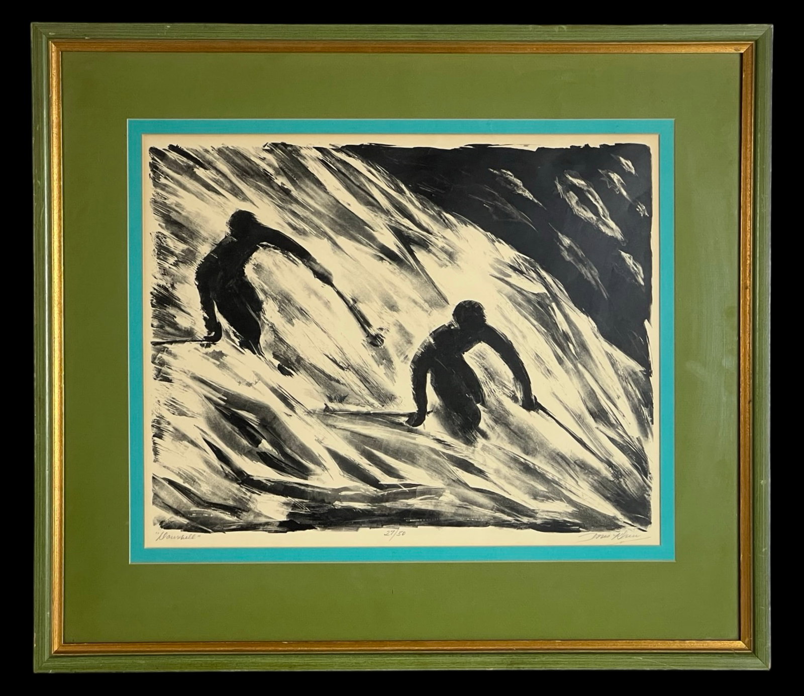 Doris Klein- Skiers LE Lithograph "Downhill": Dramatic black and white lithograph titled "Downhill", hand-signed by the artist Doris Klein and numbered 27 out of a limited edition of 50. The bold, expressive composition captures the dynamic motio