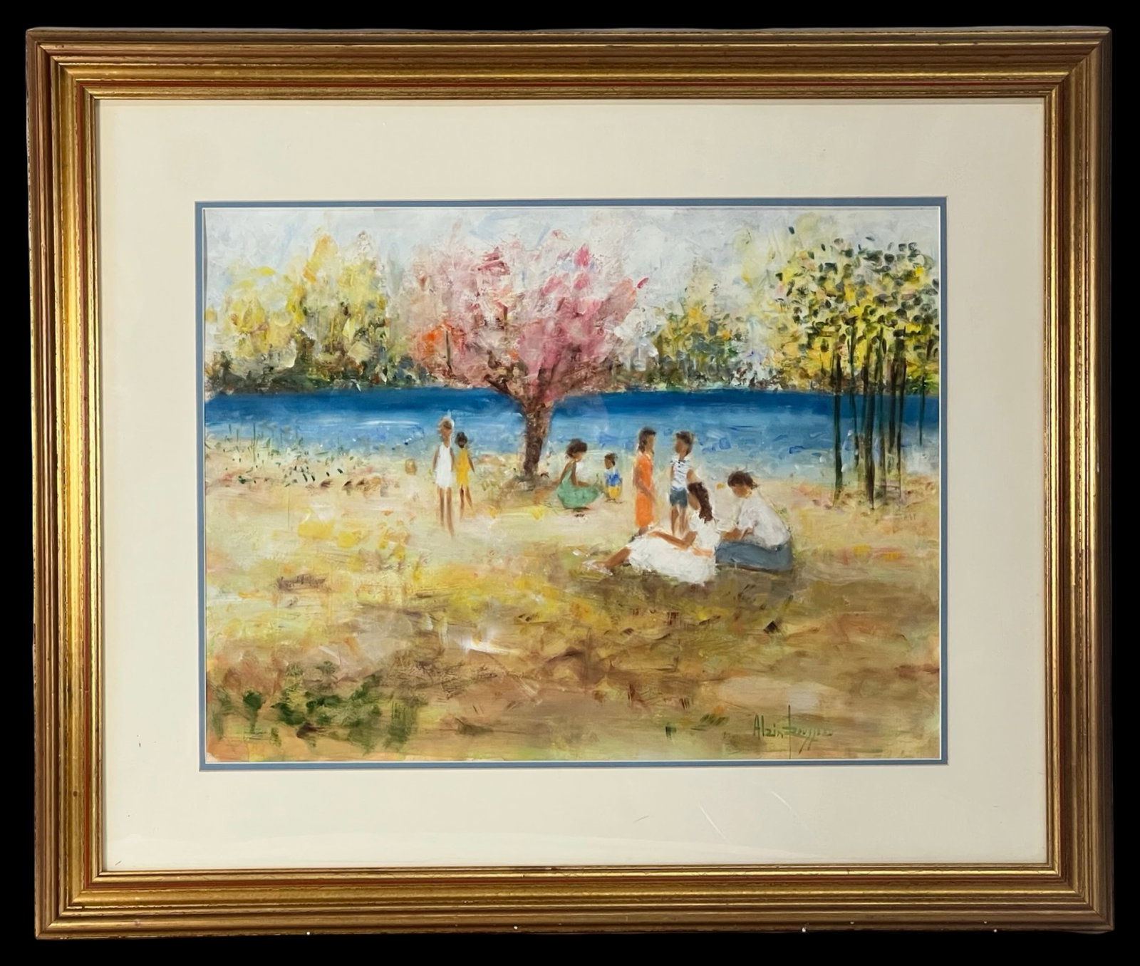 Alain Rousseau - Impressionist Summer Painting: Charming impressionist landscape painting titled Après-midi (Afternoon) by Alain Rousseau, depicting a tranquil summer scene by the river. The composition features figures leisurely gathered beneath 