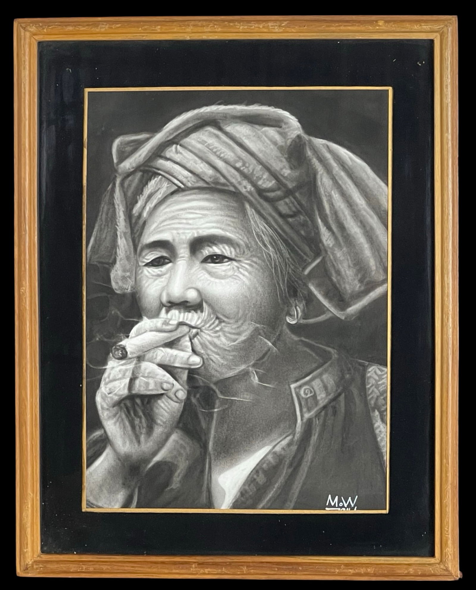 "Grandma Smoking" Pencil Drawing, Signed M.W.: A striking pencil drawing portraying an elderly woman smoking, rendered with remarkable detail and emotional depth. The subject's deeply lined face, expressive eyes, and textured headwrap are masterfu