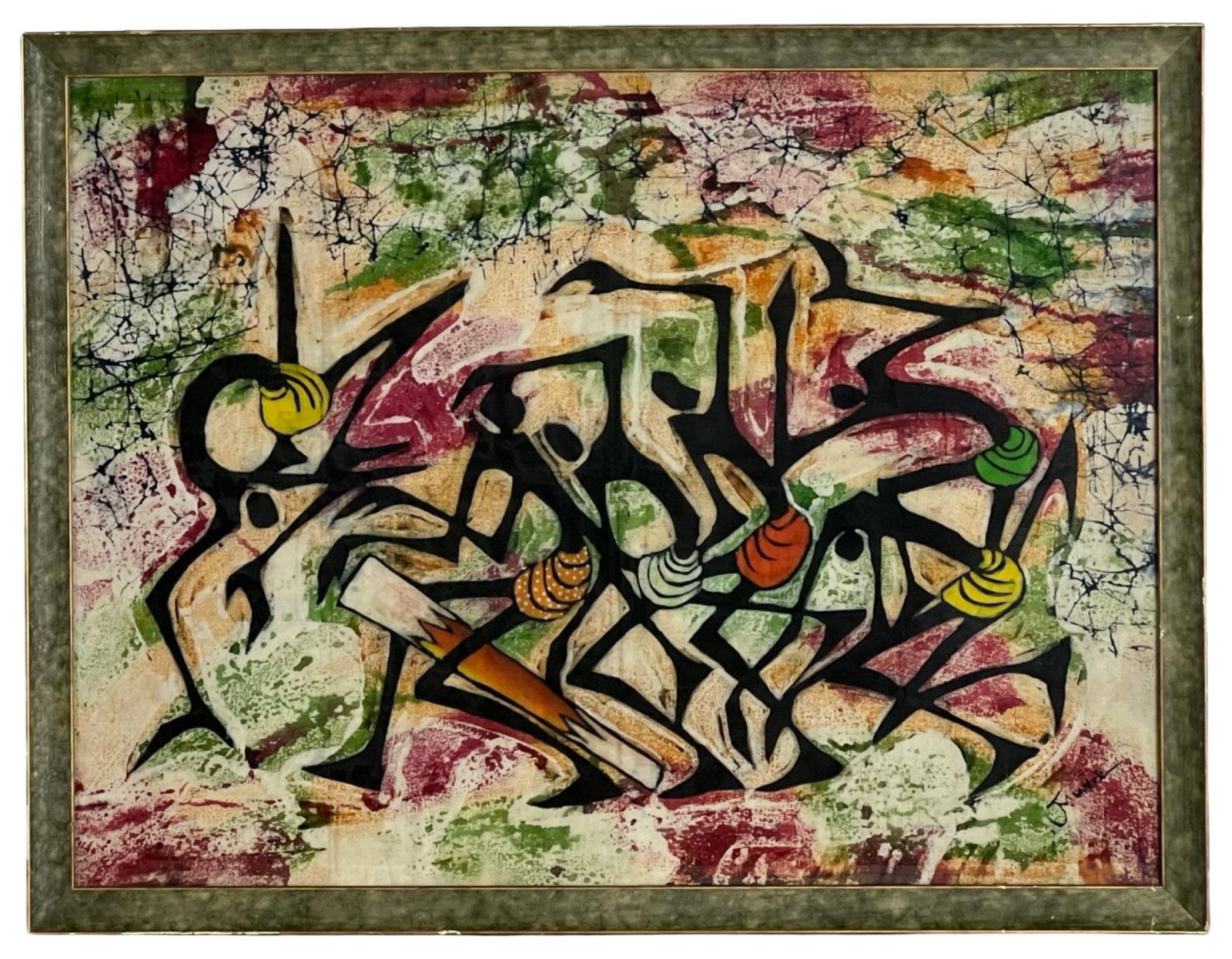 African Batik Painting - Abstract Tribal Figures: Vibrant and rhythmic batik painting depicting a dynamic scene of abstract tribal dancers rendered in bold black outlines, set against a richly textured background of red, green, and ochre hues. The co