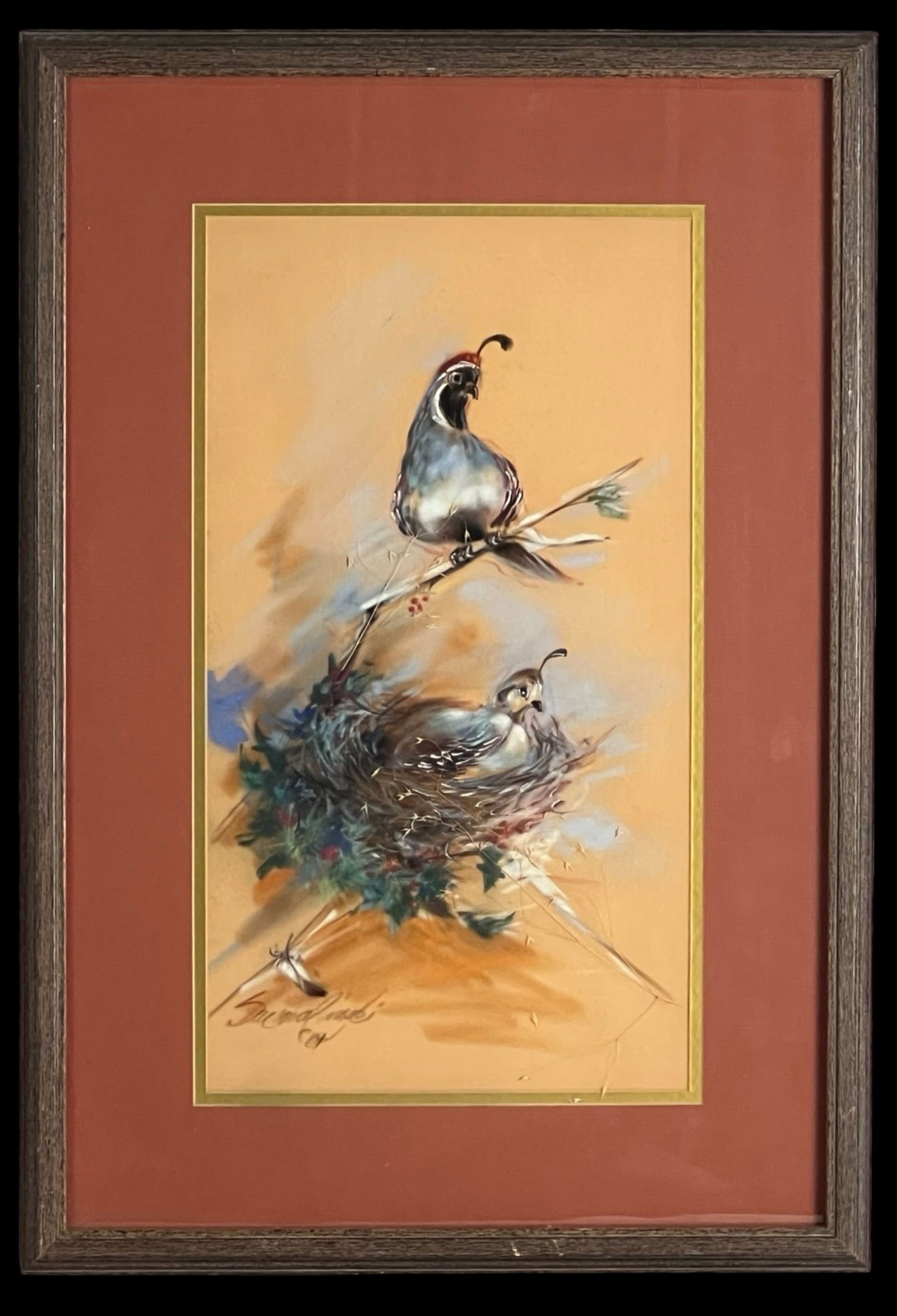 Sue Malinski Winter Quail Original Pastel Painting: Charming original pastel painting on board by Arizona artist Sue Malinski, dated 1984 and titled Winter Quail. The composition features a tender wildlife scene of a quail pair-one perched above, and o