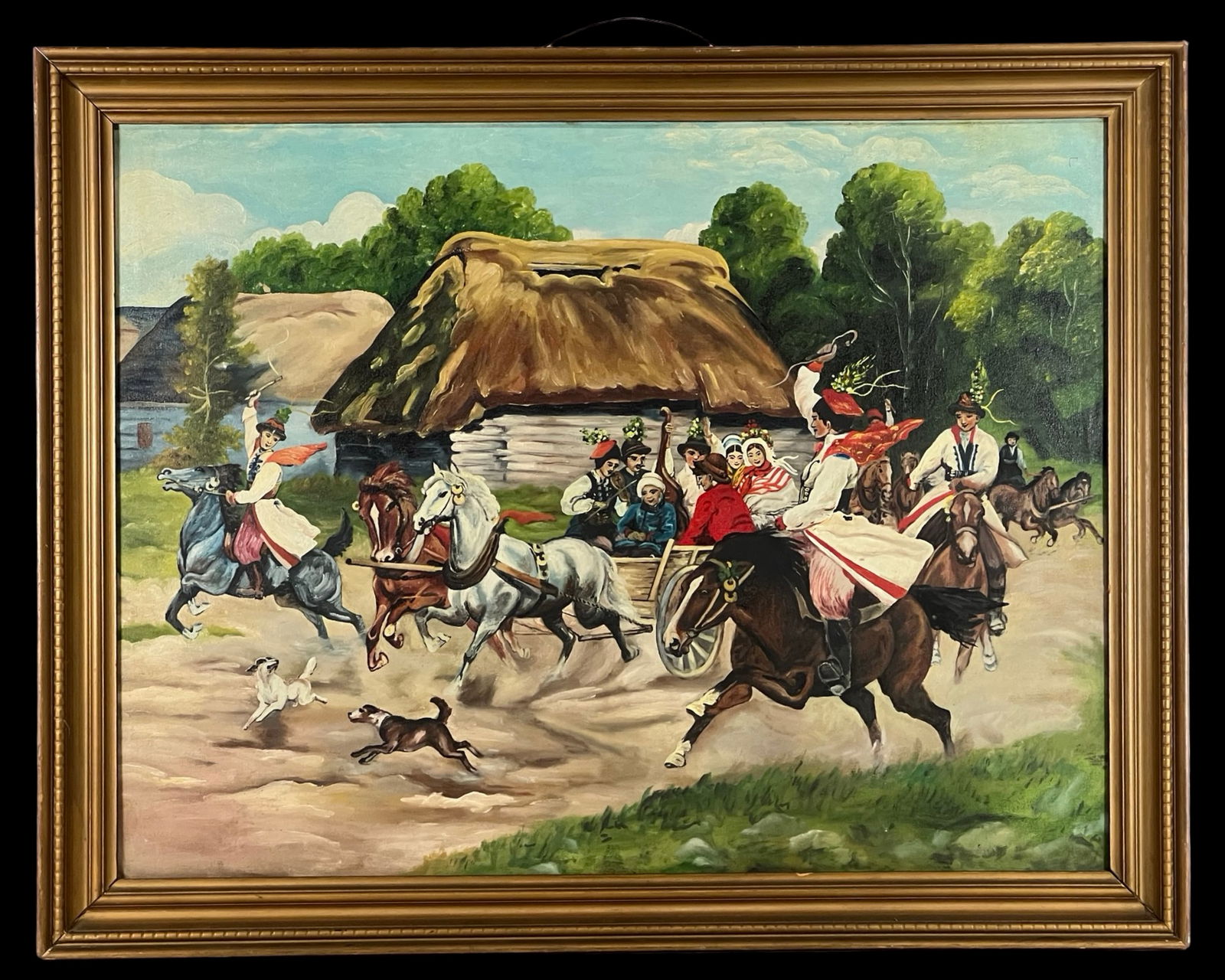 Polish Wedding- mid 20th Century Oil Painting: Vibrant and energetic mid-20th century oil on board painting depicting a traditional Polish wedding procession on horseback. The scene is filled with motion, joy, and cultural detail-featuring men and
