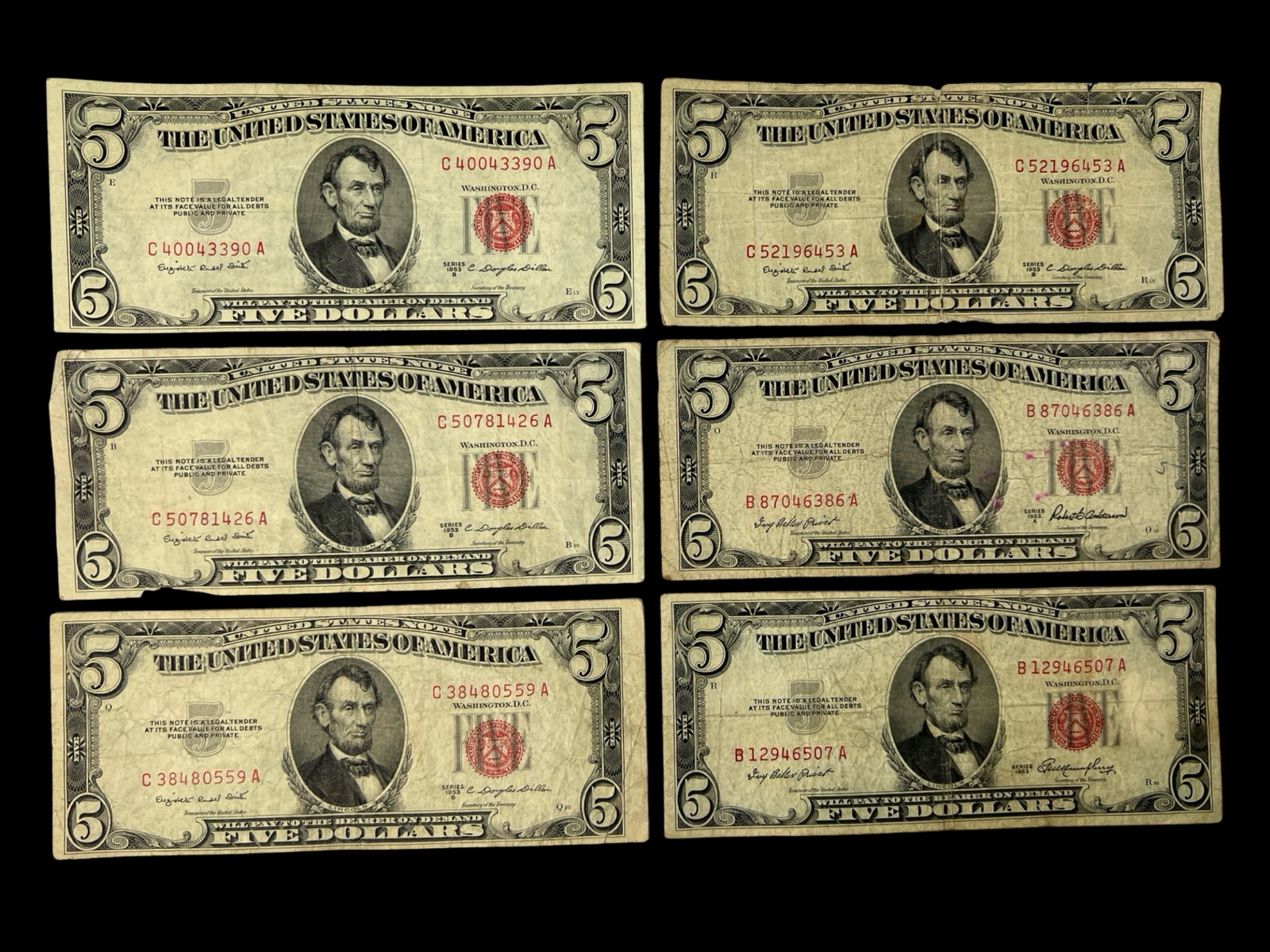 1953 Series Five Dollar Red Seal Banknotes: 1953 Series Five Dollar Red Seal Banknotes- Lot of 6. All circulated.