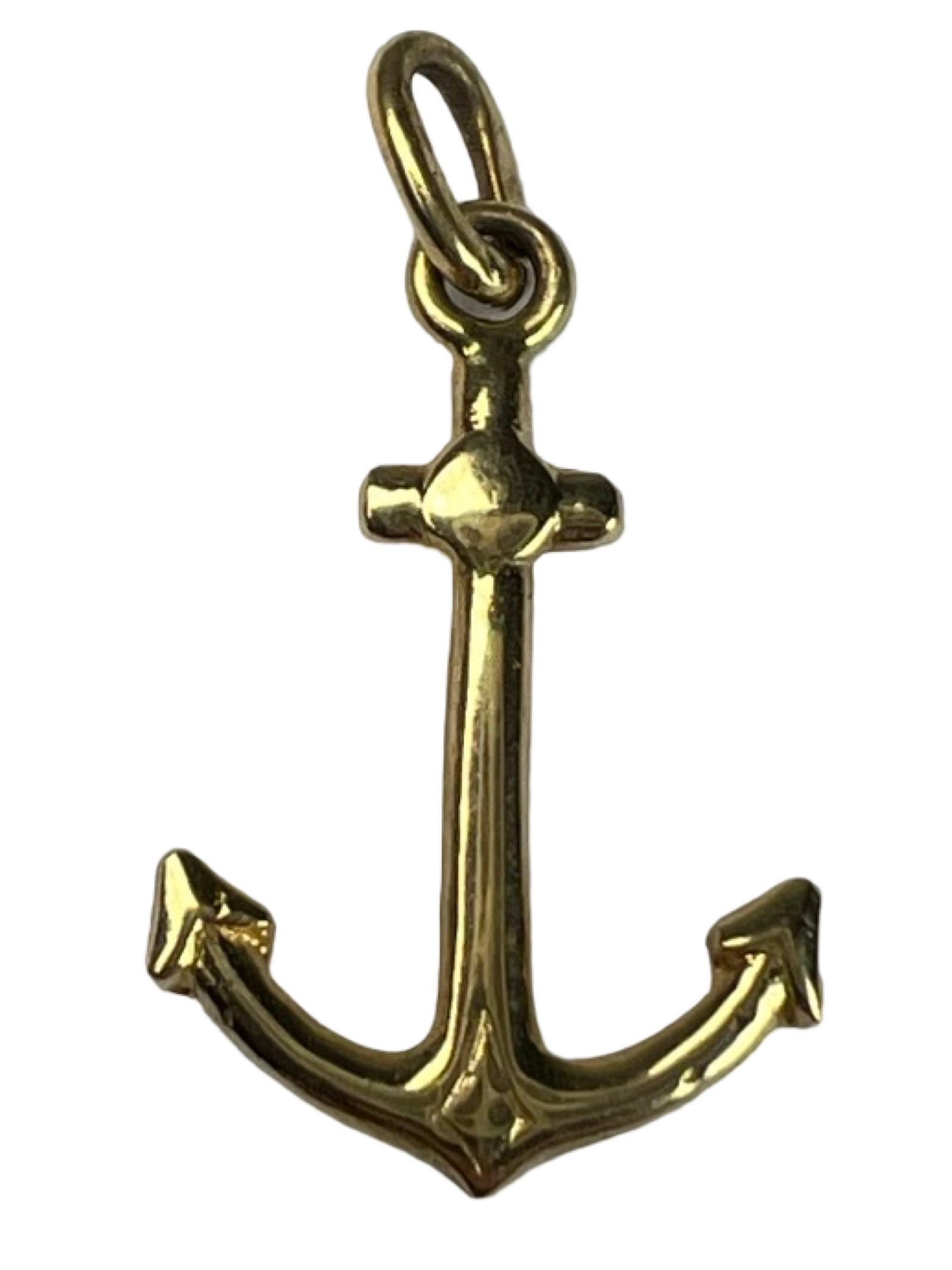 18K Yellow Gold Anchor Pendant: Elegant 18K yellow gold pendant crafted in the shape of a classic anchor, symbolizing hope, stability, and strength. The polished finish highlights its clean nautical design, making it a timeless piec