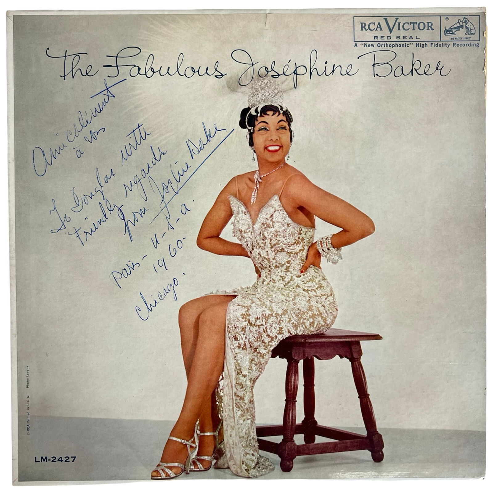 The Fabulous Josephine Baker Autographed LP Album: 1960 RCA Victor Red Seal LP The Fabulous Josephine Baker, boldly inscribed and signed on the front cover in blue ink:"Amicalement à vous / To Douglas with friendly regards / from Josephine Baker / Pa