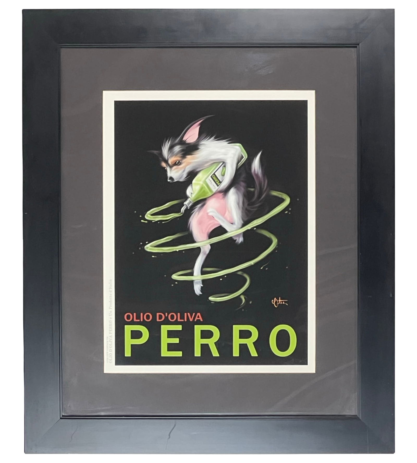 "Olio D'Oliva Perro" Retro Advertising Poster: Striking framed retro-style advertising poster titled "Olio D'Oliva PERRO", featuring a whimsically illustrated dog in motion, wrapped in a swirling ribbon of olive oil. The vibrant design combines It