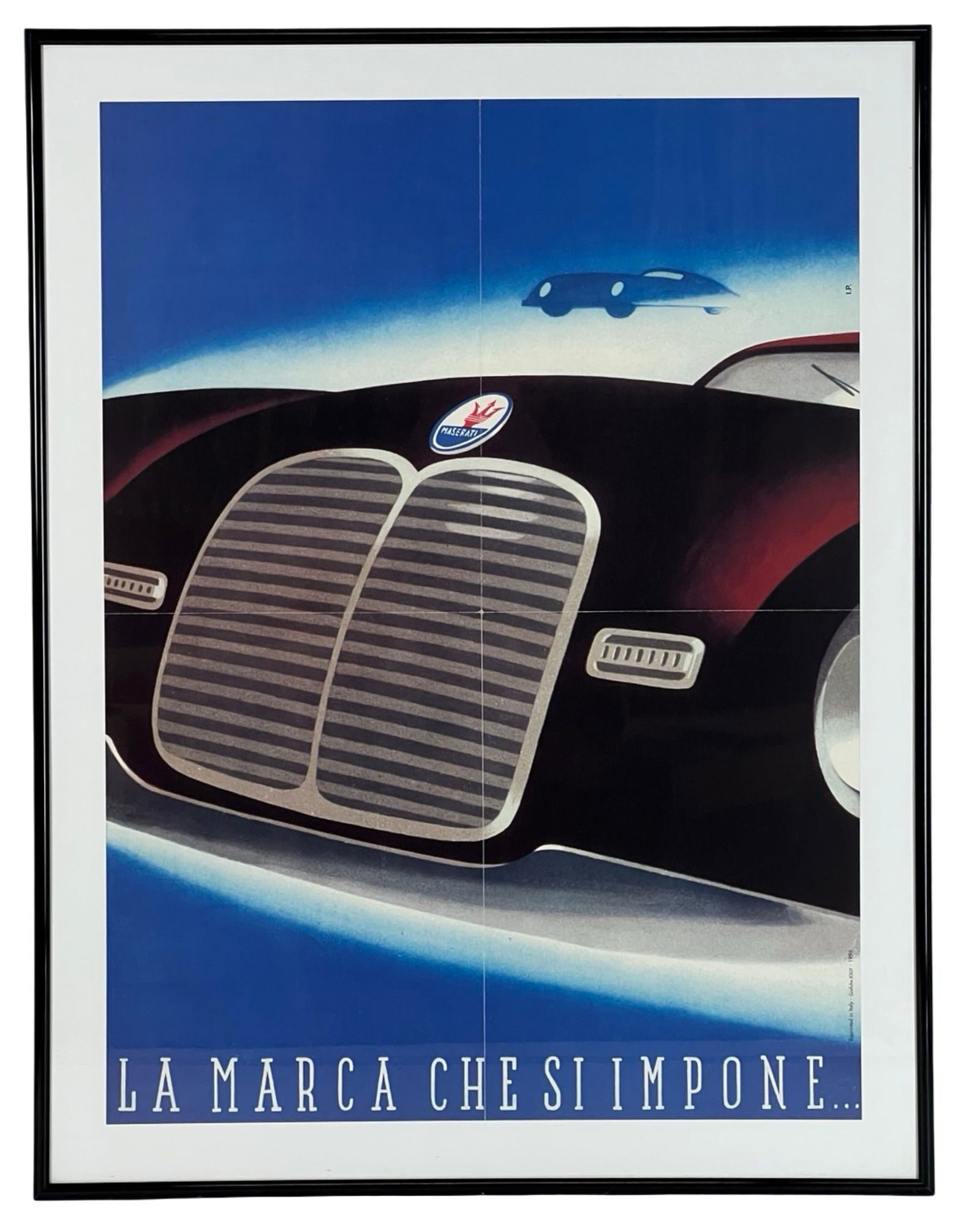Retro Maserati Automotive Advertisement Poster: Dynamic Italian automotive-themed poster featuring a close-up view of a Maserati grill with sleek graphic design and vibrant blue gradient background. Captioned "LA MARCA CHE SI IMPON" across the bott