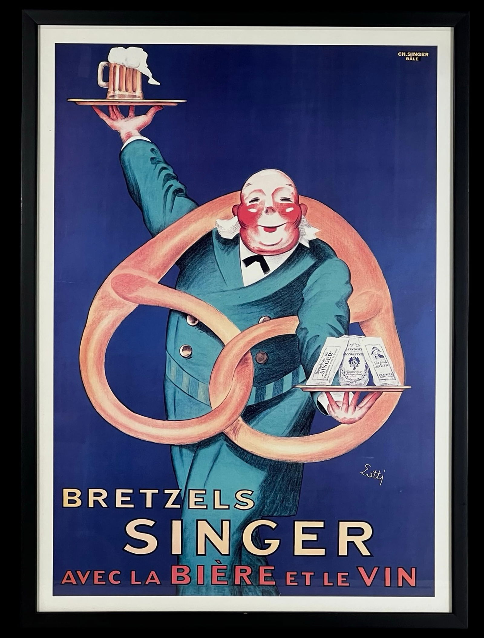 "Bretzels Singer" Advertising Poster by Esttí: Bold and whimsical advertising lithograph promoting Singer pretzels, beer, and wine, featuring a smiling server figure wrapped in an oversized pretzel, holding a tray of drinks and baked goods.Framed