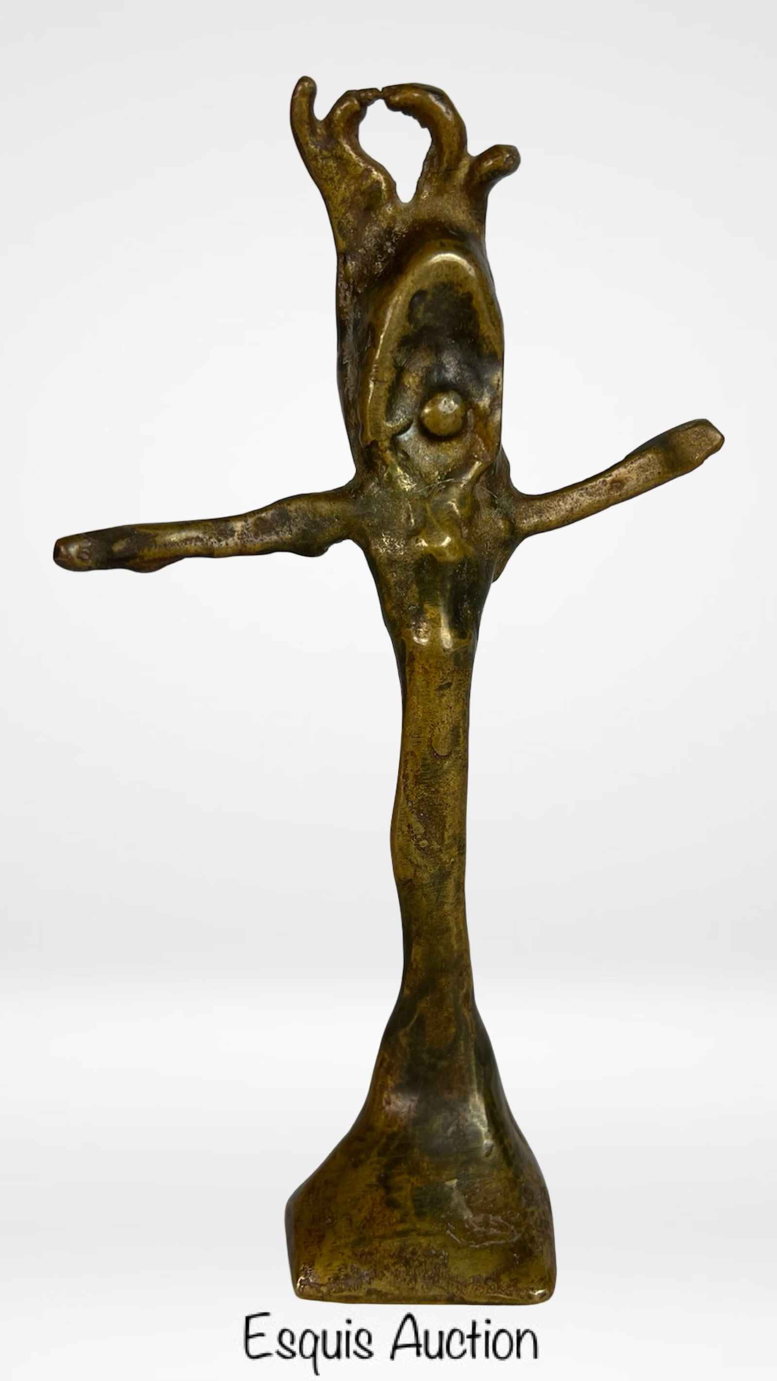 Modernist Surrealist Crucifix Bronze Sculpture: Intriguing and expressive bronze sculpture in the form of a stylized crucifix, rendered in an abstract modernist and surrealist form. The figure is loosely formed with extended arms and a twisting, al
