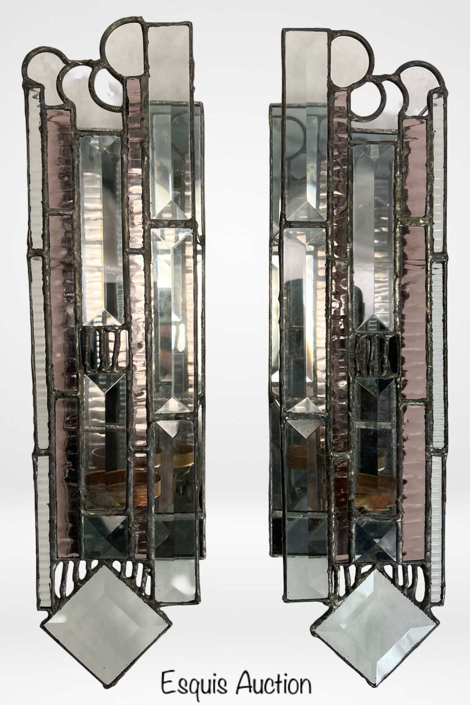 Modernist Stained Glass Wall Tealight Sconces: Striking pair of handcrafted stained glass wall sconces, each designed to hold a single tealight candle. Featuring a vibrant combination of beveled clear, lavender, and frosted glass with abstract geo