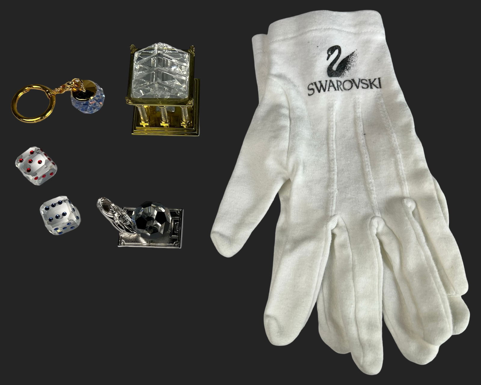 Swarovski Crystal - GreekTemple, Soccer Trophy, D: Assorted Swarovski crystal collectibles including a detailed gold-tone Greek-style crystal temple (1.75" x 1.75" x 1.75"), a soccer shoe and faceted black crystal ball trophy on a silver-tone base, tw