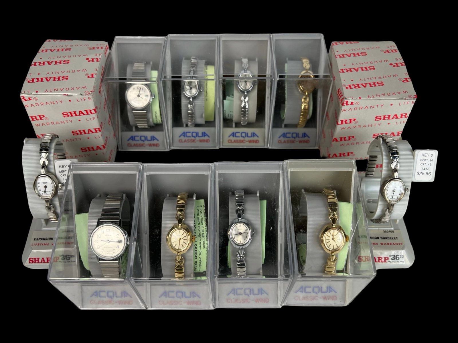 10 New Old Stock Sharp & Acqua Wrist Watches: 10 New Old Stock Sharp & Acqua Wrist Watches