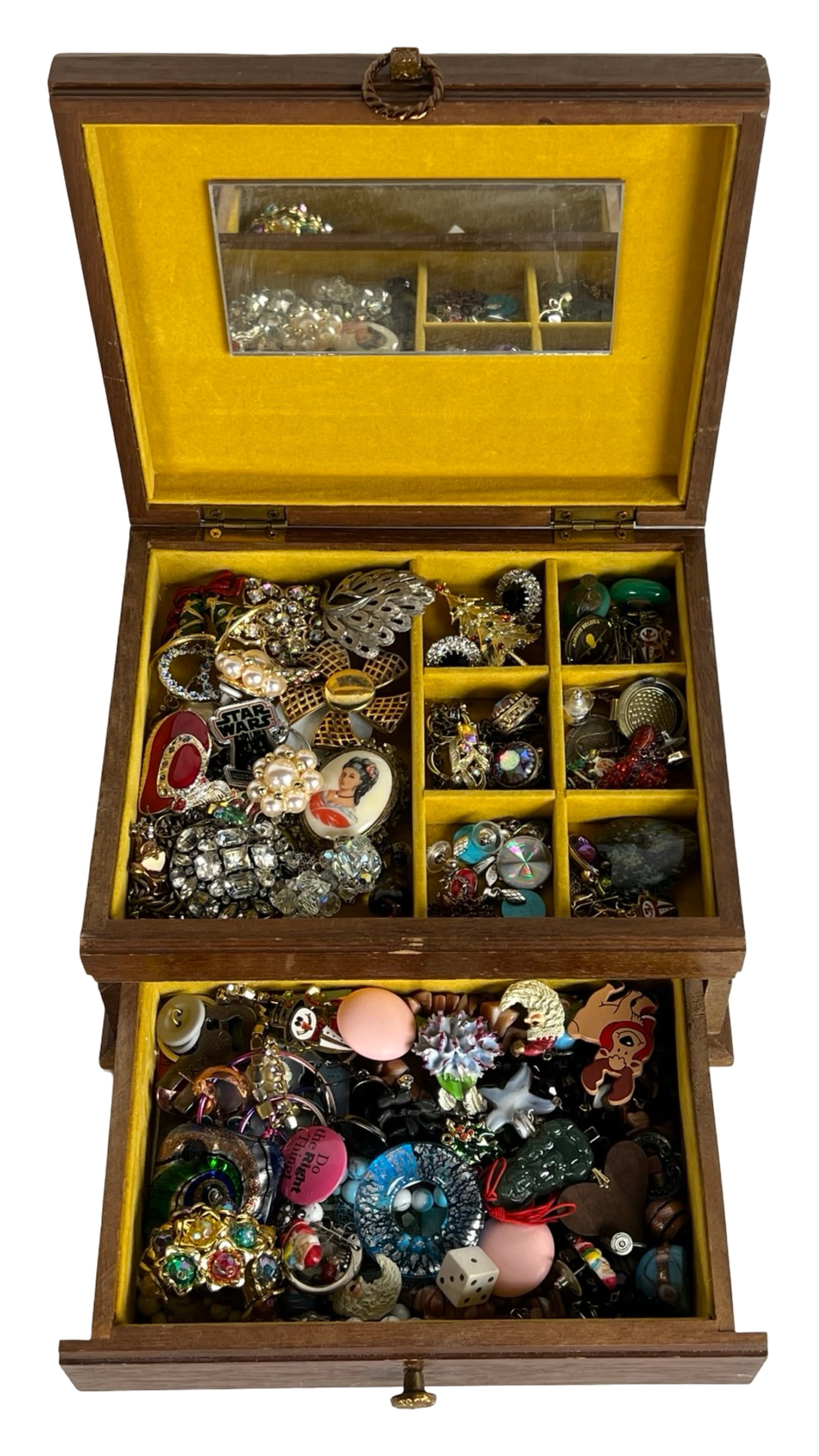 Vintage Jewelry Box Filled with Unsearched Jewelry: A charming vintage jewelry box featuring multiple compartments lined in rich red velvet, brimming with a variety of unsearched jewelry. This treasure trove includes an assortment of necklaces, earring