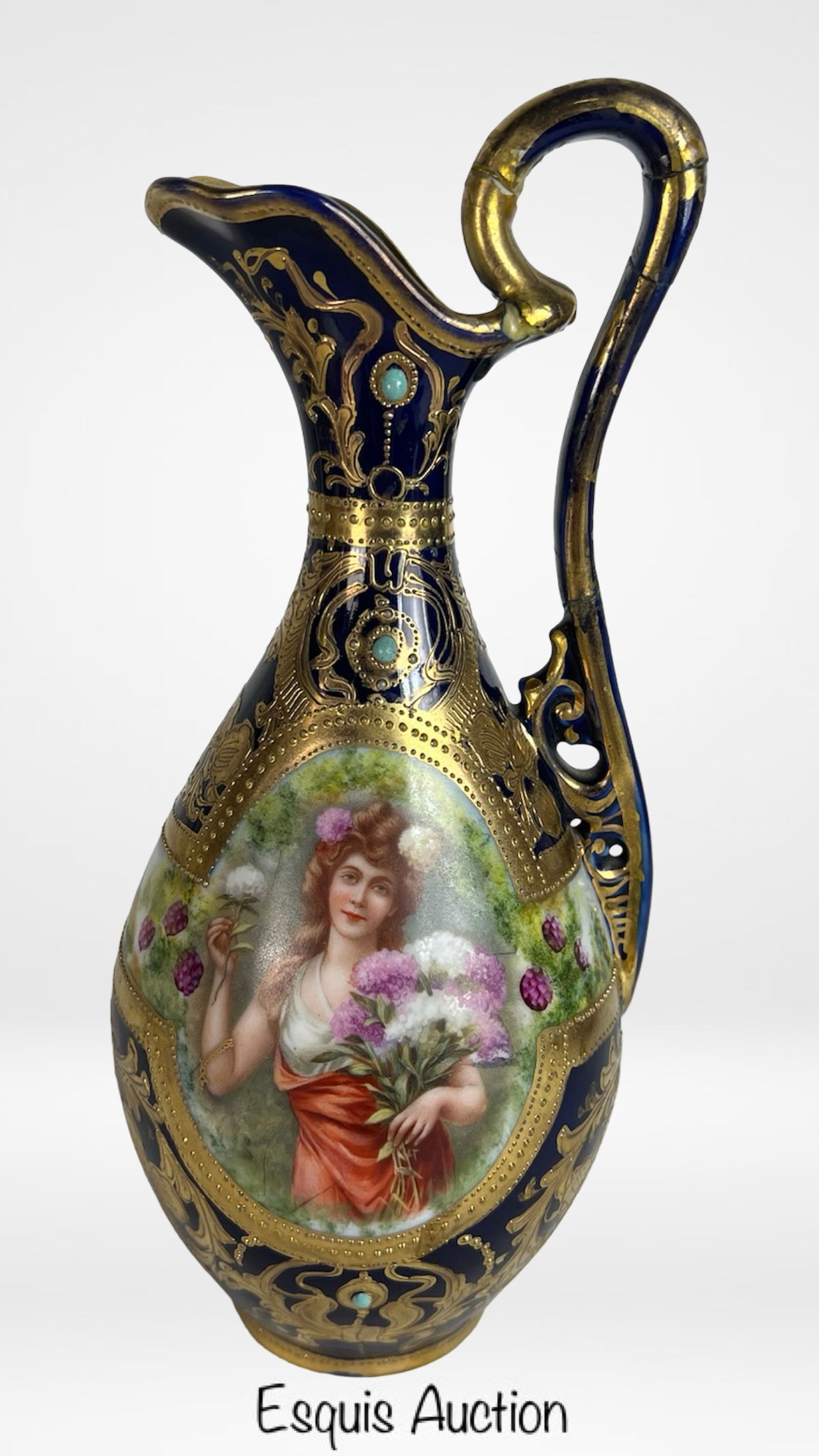 Antique Nippon Hand Painted Cobalt Portrait Ewer (1 of 7)