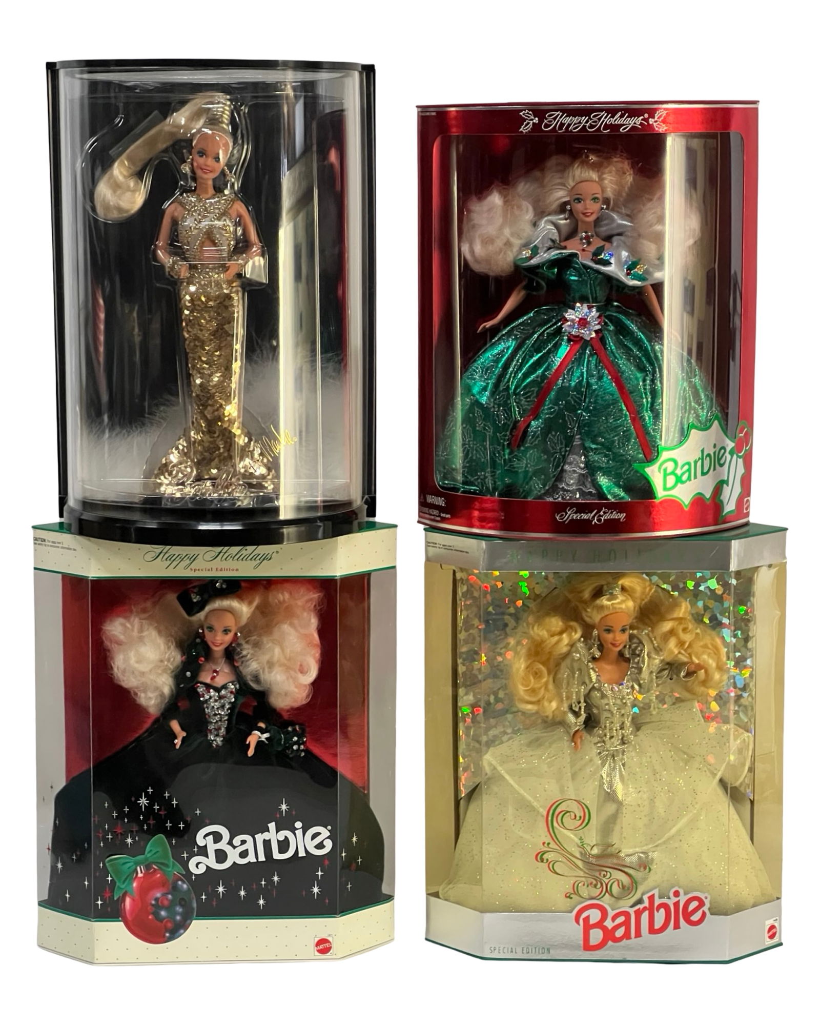 Holiday & Designer Barbie Dolls - Bob Mackie: This collection includes four stunning Barbie dolls, all presented in their original display boxes. Featured is the glamorous 1990 Bob Mackie Gold Barbie, adorned in a dazzling sequined gown with a dr