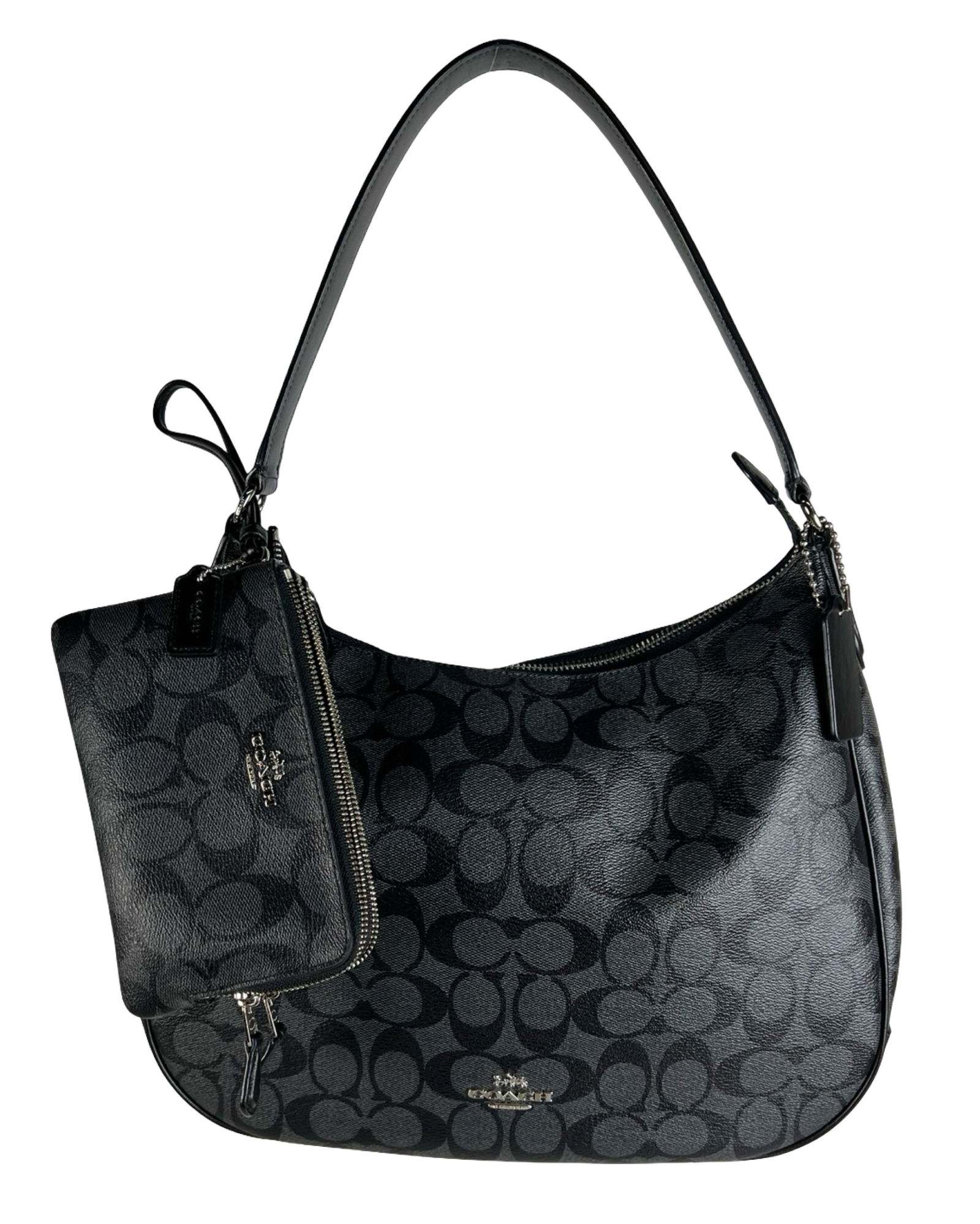 Coach Signature One-Shoulder Bag with Wallet: Elegant black Coach Signature jacquard one-shoulder bag paired with a matching zip wallet. Features classic "C" pattern, silver-tone hardware and zip-top closure.. Both pieces are in near mint conditi