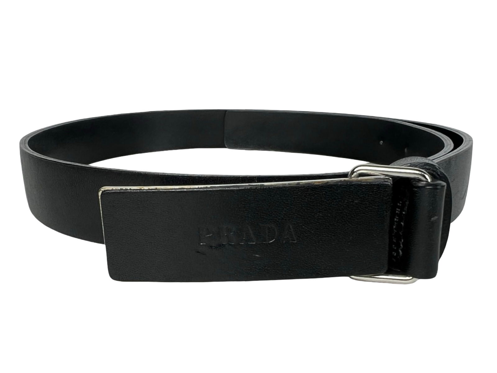 Luxury Black Leather Belt: Sleek black leather belt featuring a minimalist rectangular metal buckle and smooth, high-quality craftsmanship. A versatile accessory that complements both casual and dress attire. Measures 34" long