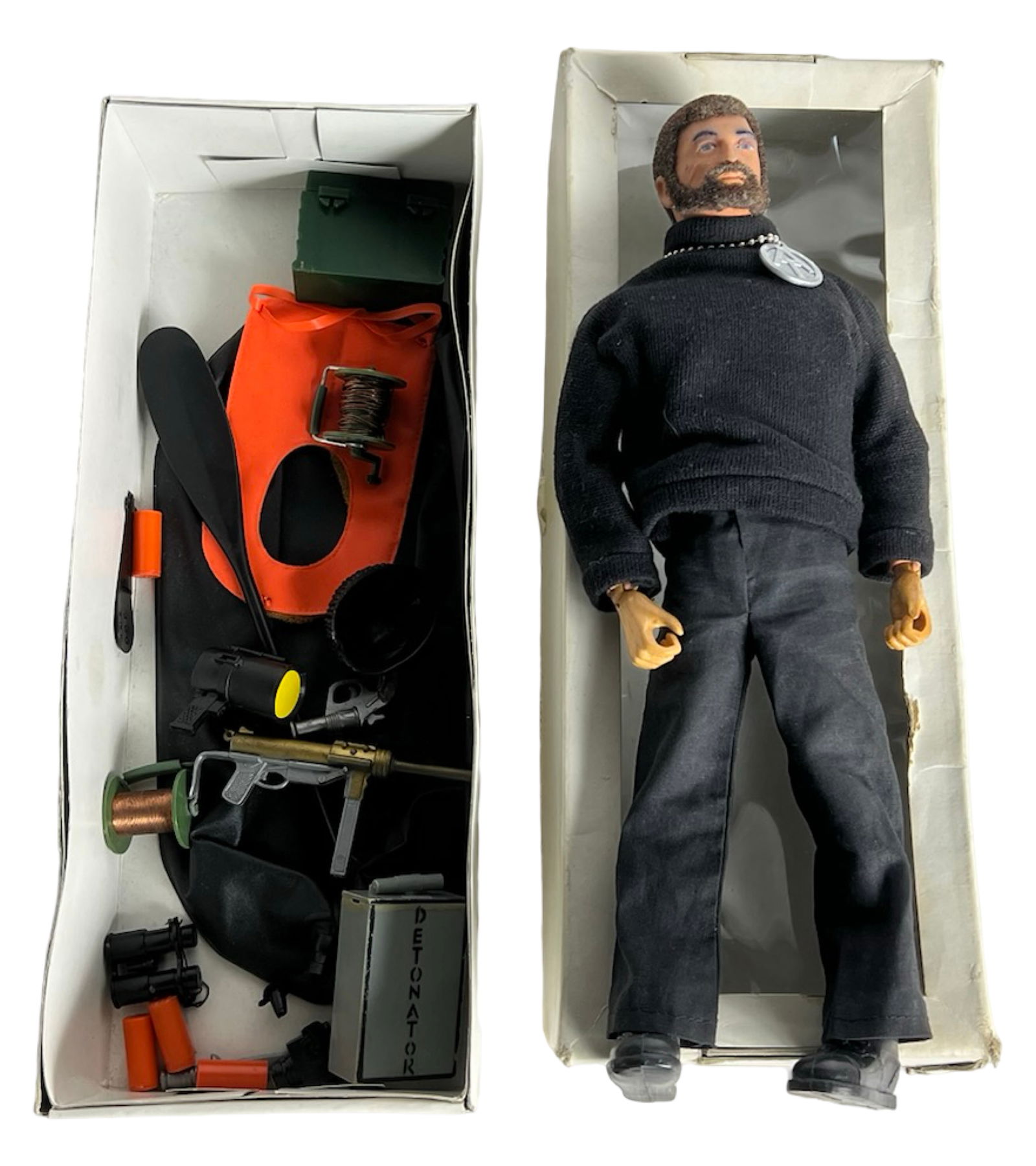 1970 Hasbro G.I. Joe Land Adventurer Action Figure: Vintage 1970s Hasbro G.I. Joe Land Adventurer action figure dressed in black sweater, pants, and boots, featuring lifelike hair and beard. Includes an array of gear themed for a secret infiltration mi