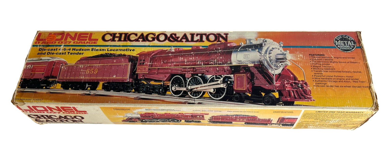 Lionel 4-6-4 Hudson Steam Locomotive & Tender: Original Lionel Chicago & Alton No. 6-8101 die-cast 4-6-4 Hudson steam locomotive with matching die-cast tender. Locomotive and tender feature detailed maroon and silver finish with gold lettering, me