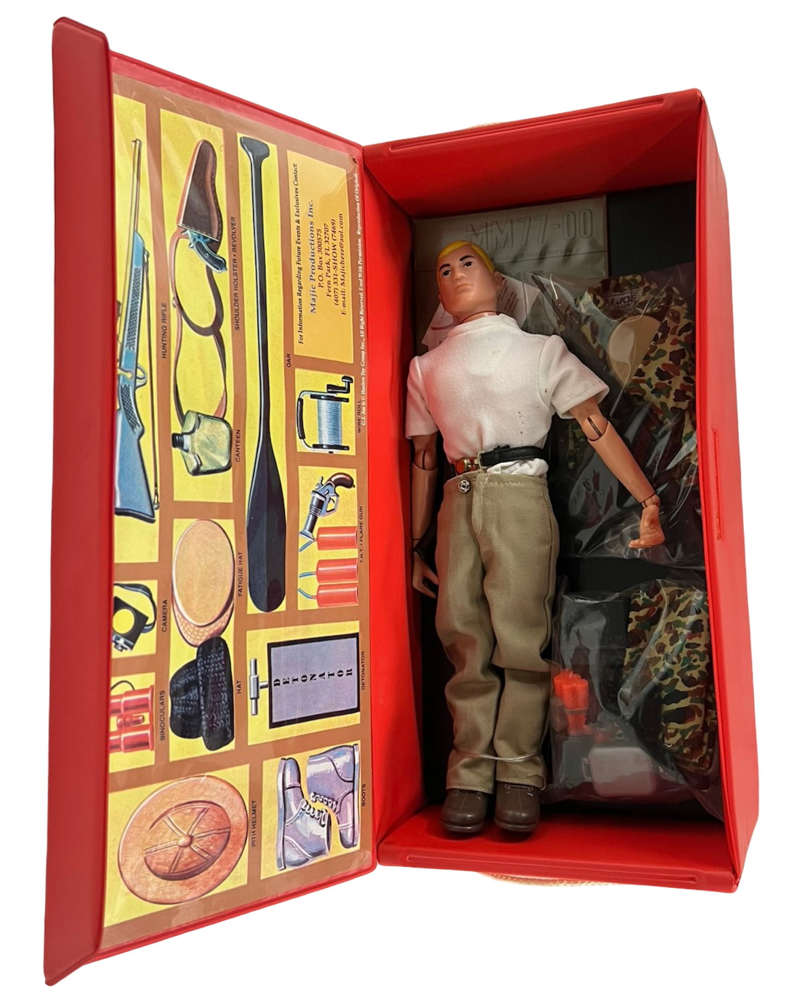 GI Joe Adventure Locker with Action Figure: This vintage-style GI Joe Adventure Locker set features a fully articulated action figure dressed in khaki pants, white t-shirt, and brown boots. The red storage locker showcases colorful illustrated