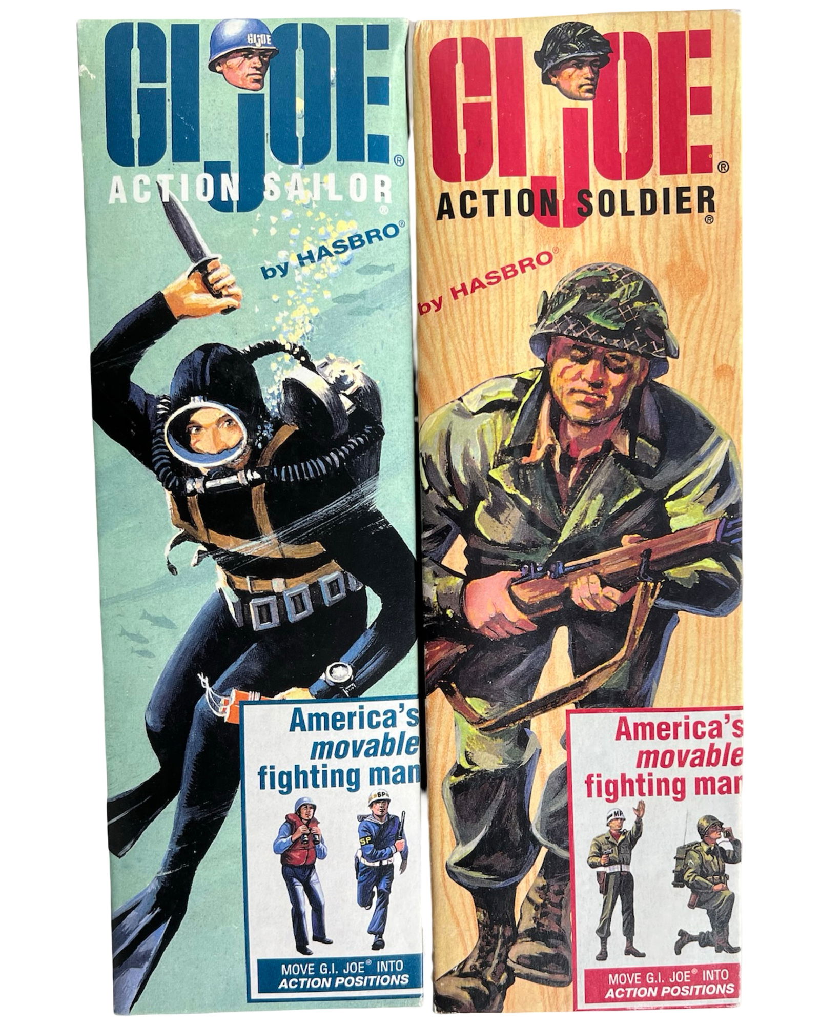 G.I. Joe Action Soldier & Sailor Action Figures: Pair of 1993 G.I. Joe reissue 12" action figures by Hasbro, including the Action Soldier (Army MP) and Action Sailor (Navy), both in their original vintage-style packaging. Each figure includes a unif