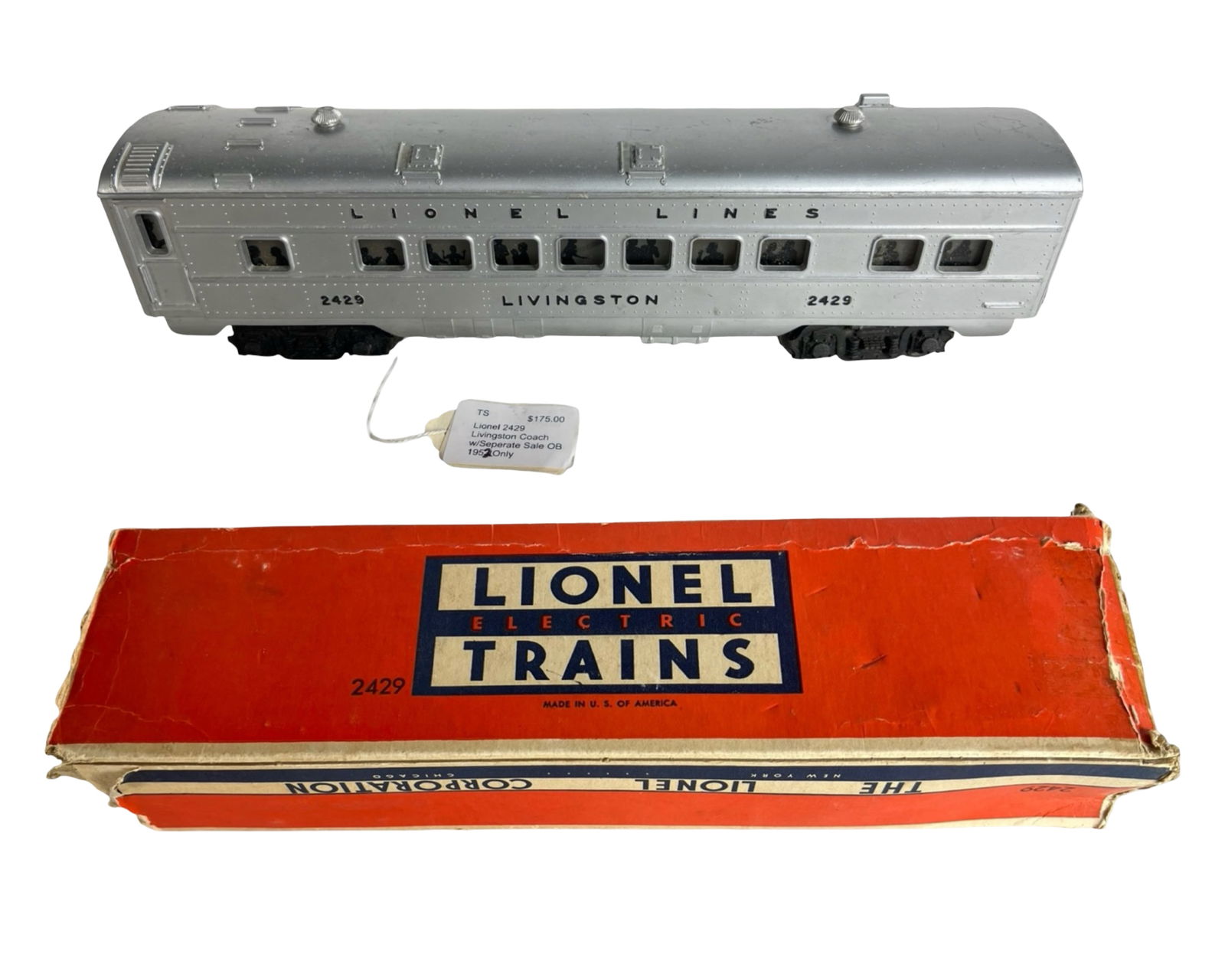 Lionel 2429 Livingston Aluminum Passenger Coach: Vintage Lionel No. 2429 Livingston passenger coach, featuring the classic postwar silver aluminum body, detailed "Lionel Lines" lettering, and silhouetted interior passengers. This example comes with