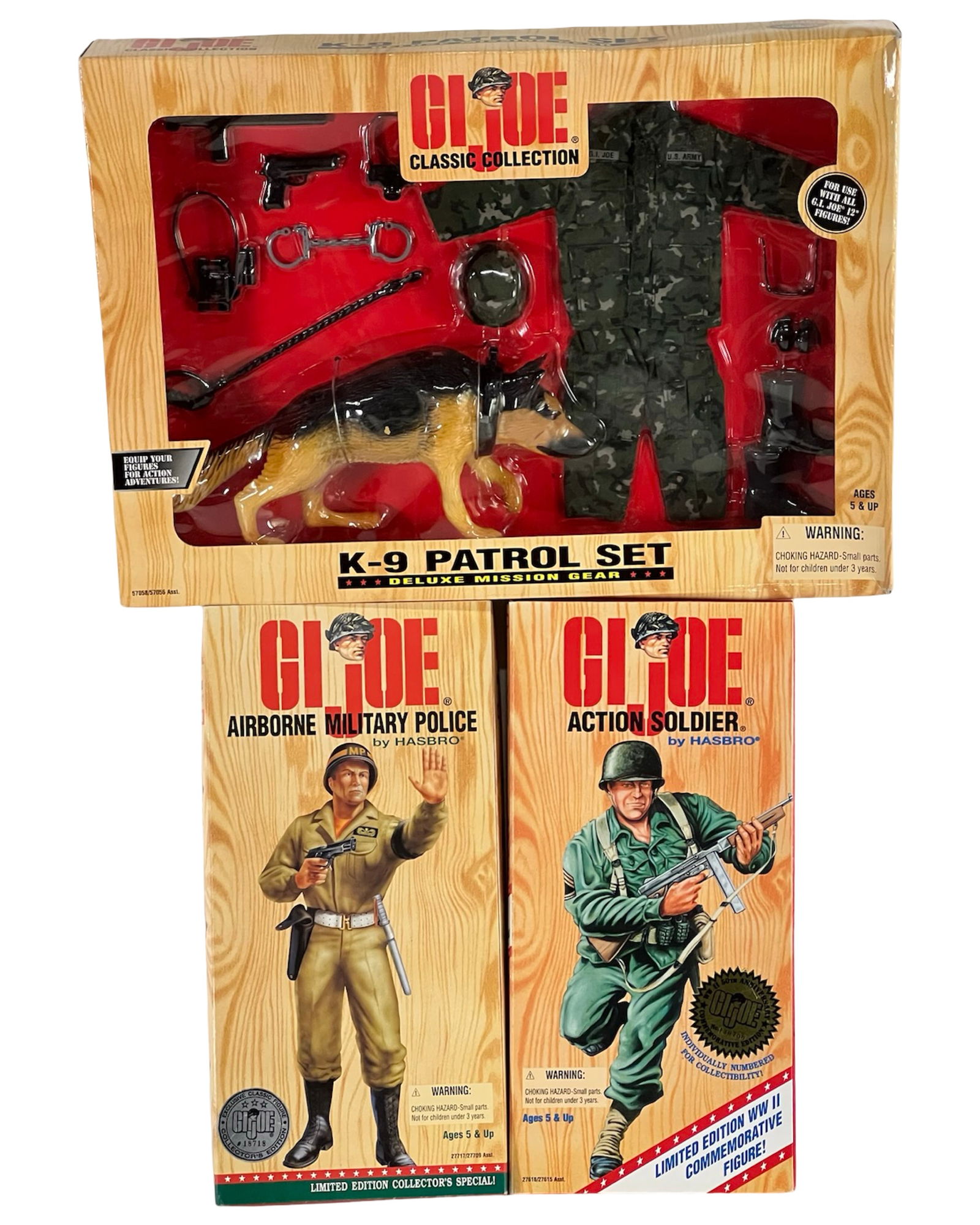 GI Joe Action Figure Collector's Sets- Lot of 3: This mint condition GI Joe collector's set includes three boxed pieces from Hasbro's Classic Collection and 50th Anniversary Commemoratives. The K-9 Patrol Set includes a German Shepherd figure with l