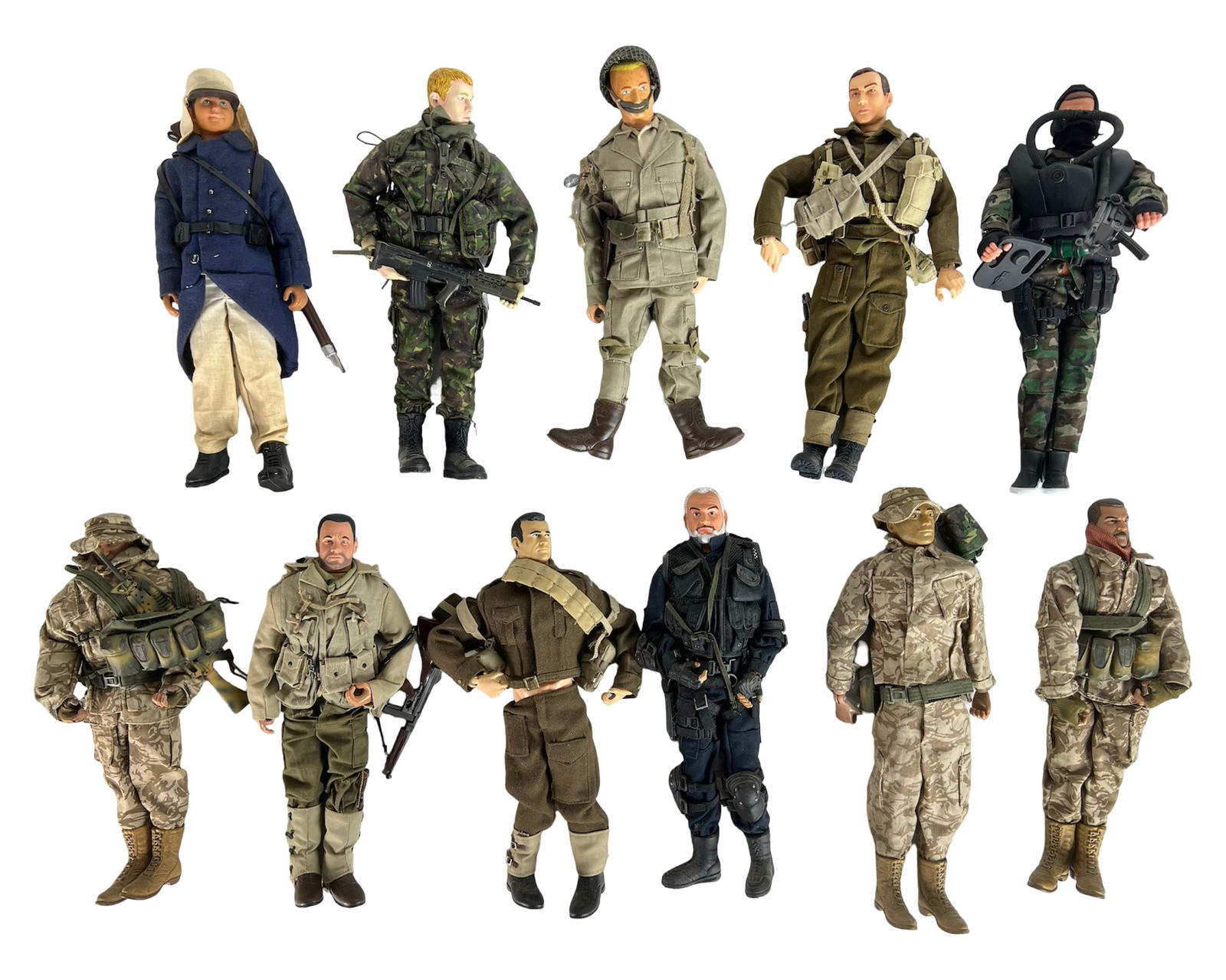Military Action Figures - Ultimate Soldier, Dragon: Lot of twelve detailed 1:6 scale military action figures from brands including Ultimate Soldier, Dragon Models, Action Man, and more. Each figure is dressed in authentic military uniforms with molded
