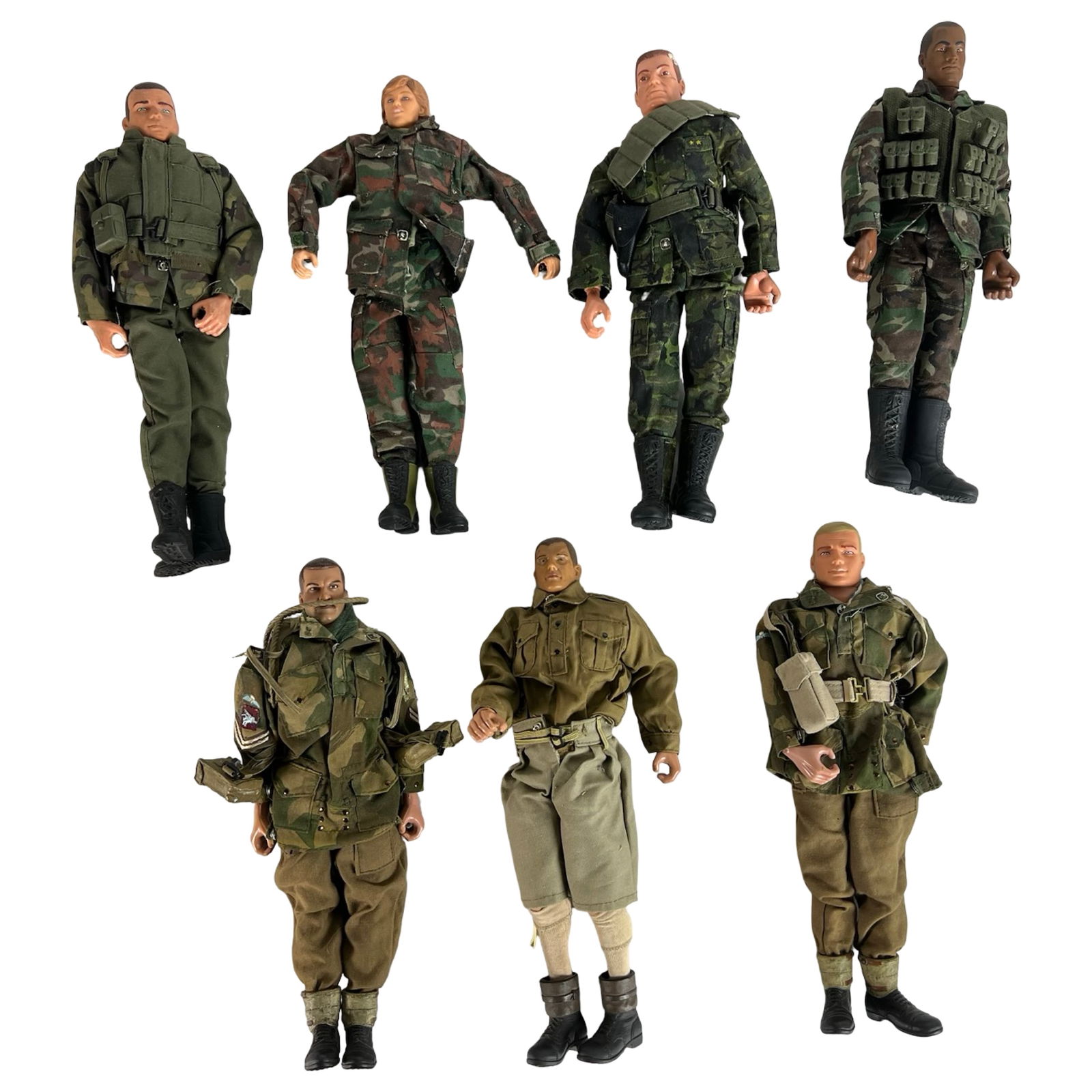 Vintage Military Action Figures- Ultimate Soldier: Group of seven vintage 1:6 scale military action figures, largely from the Ultimate Soldier line by 21st Century Toys. The lot includes various uniform styles such as woodland camouflage, combat jacke