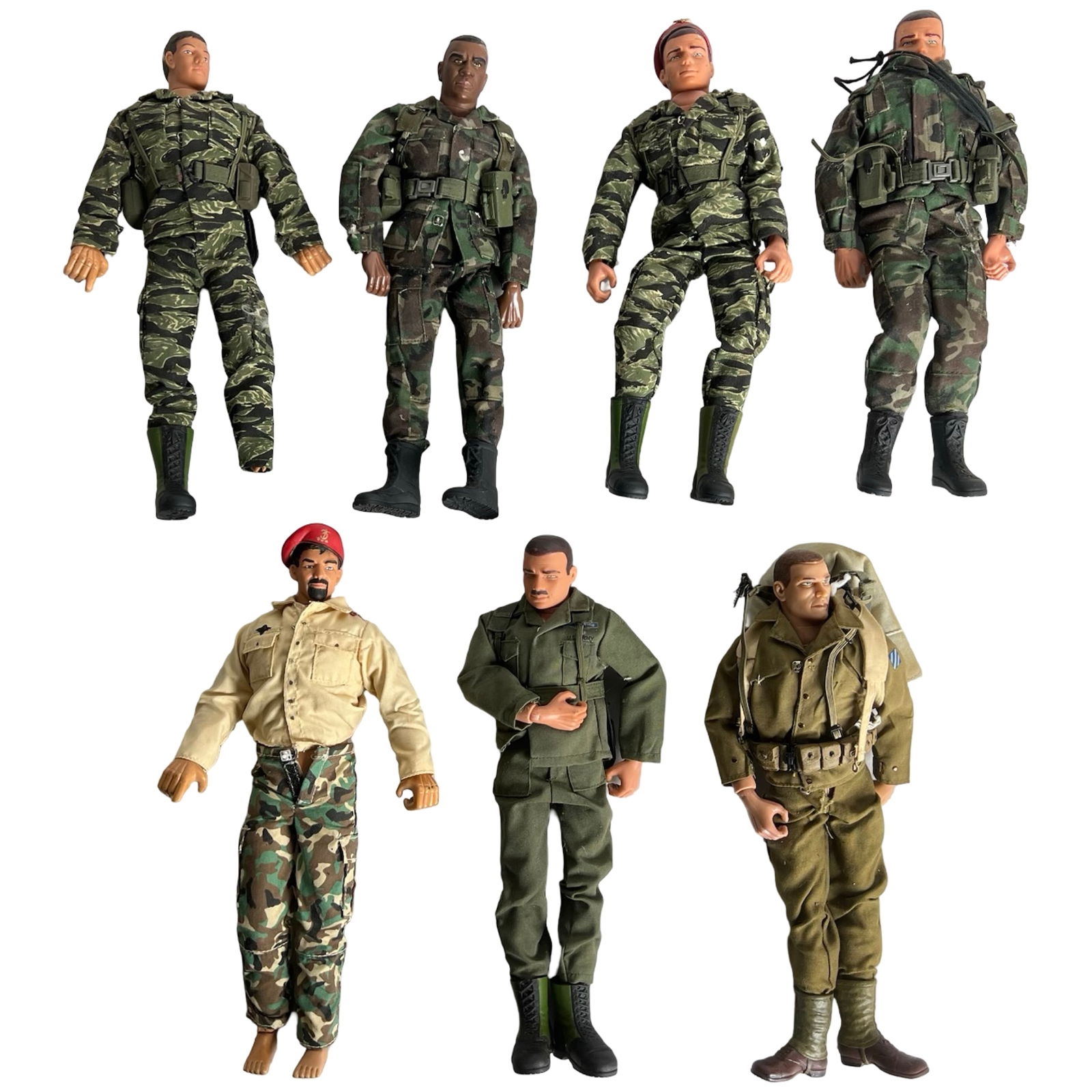 Ultimate Soldier Action Figures 21st Century Toys: Group of vintage 1:6 scale Ultimate Soldier action figures by 21st Century Toys. Includes multiple military figures in assorted uniforms and gear, featuring camouflage fatigues, tactical vests, berets